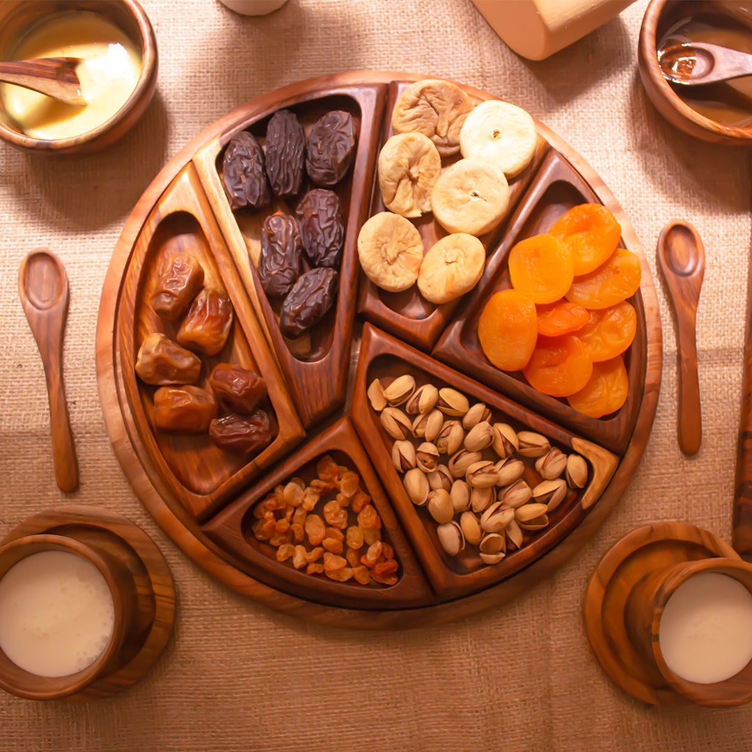 طبق مكسرات خشب- 6 أجزاء - بنى