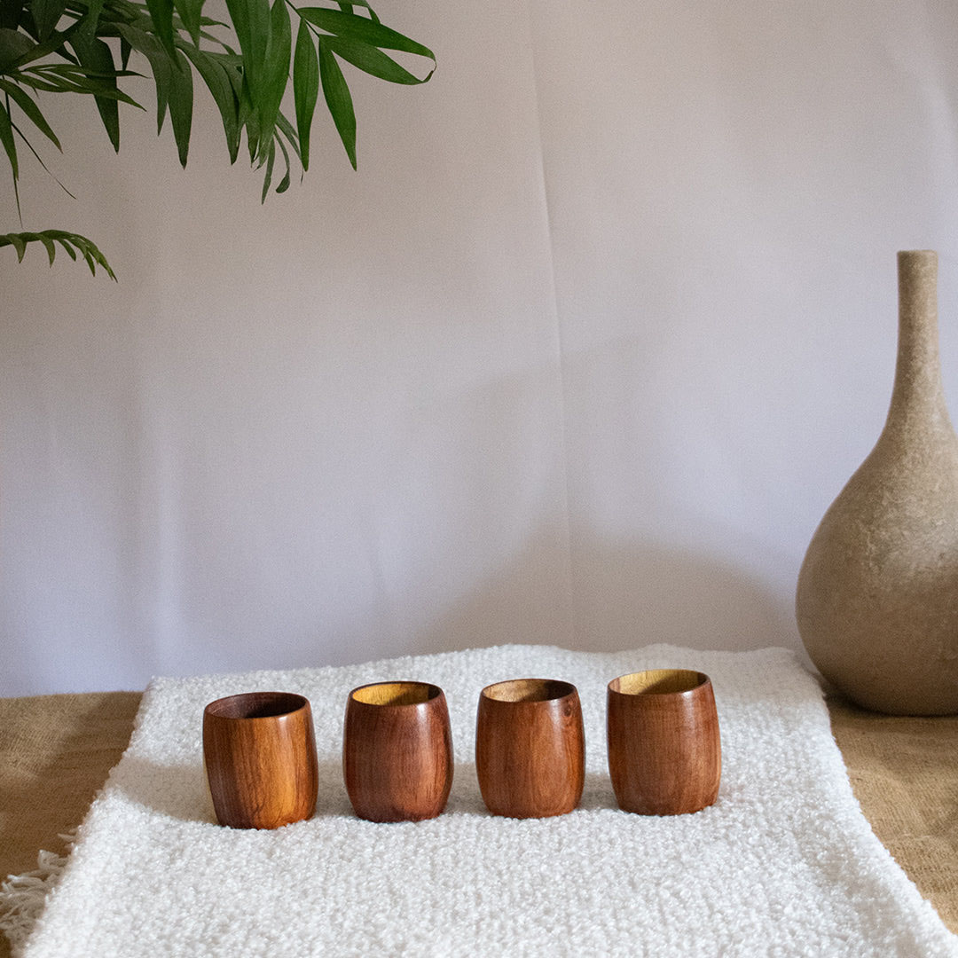 كوب قهوة - 4 قطع - خشبى بنى