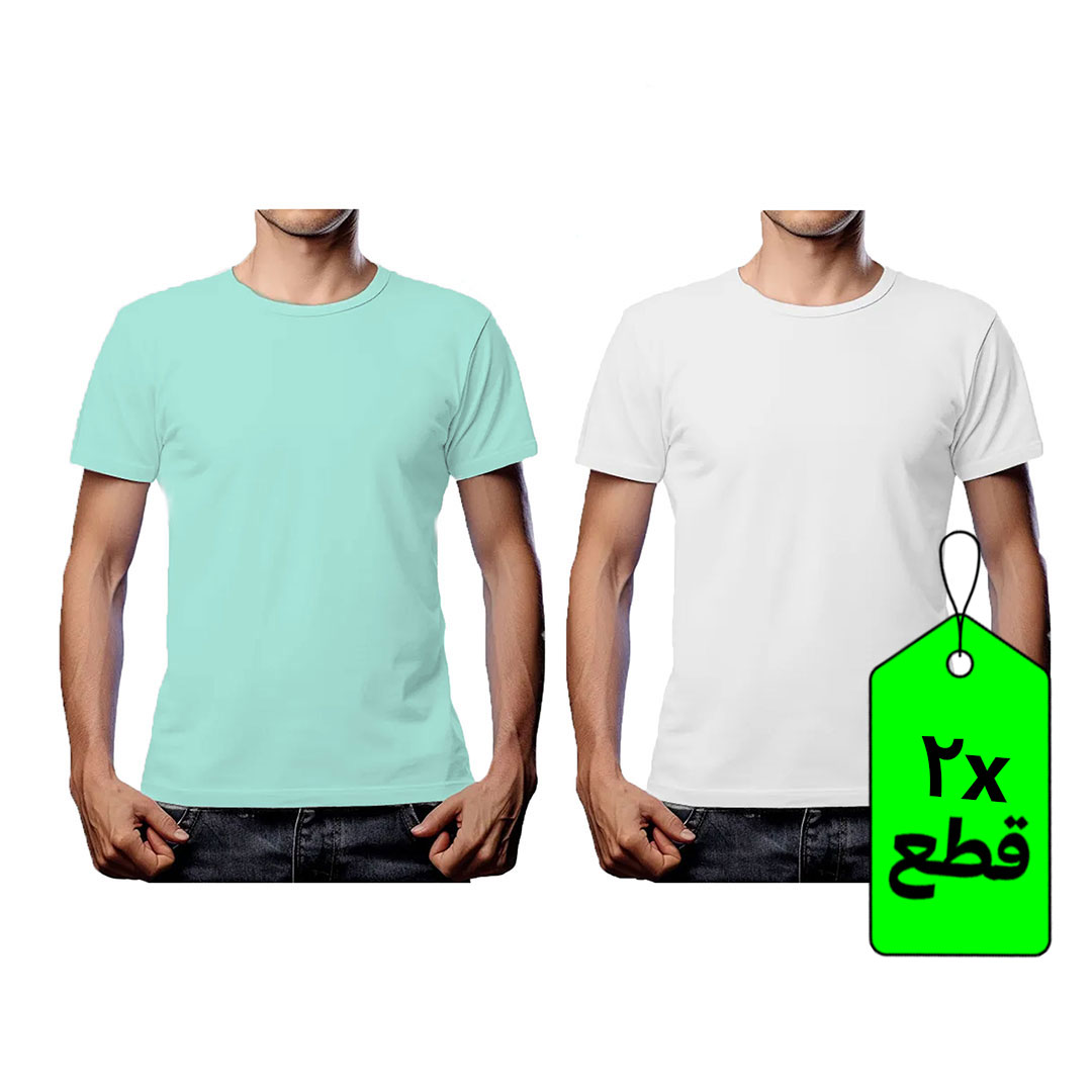 تيشيرت نص كم رجالي - 2 قطعة - أبيض/مينت