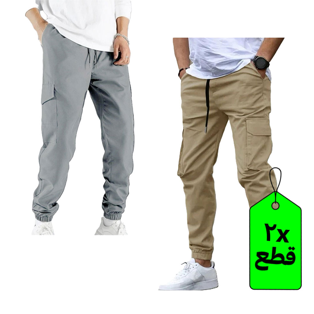 بنطلون كارجو رجالي - 2 قطعة - بيج/رمادي