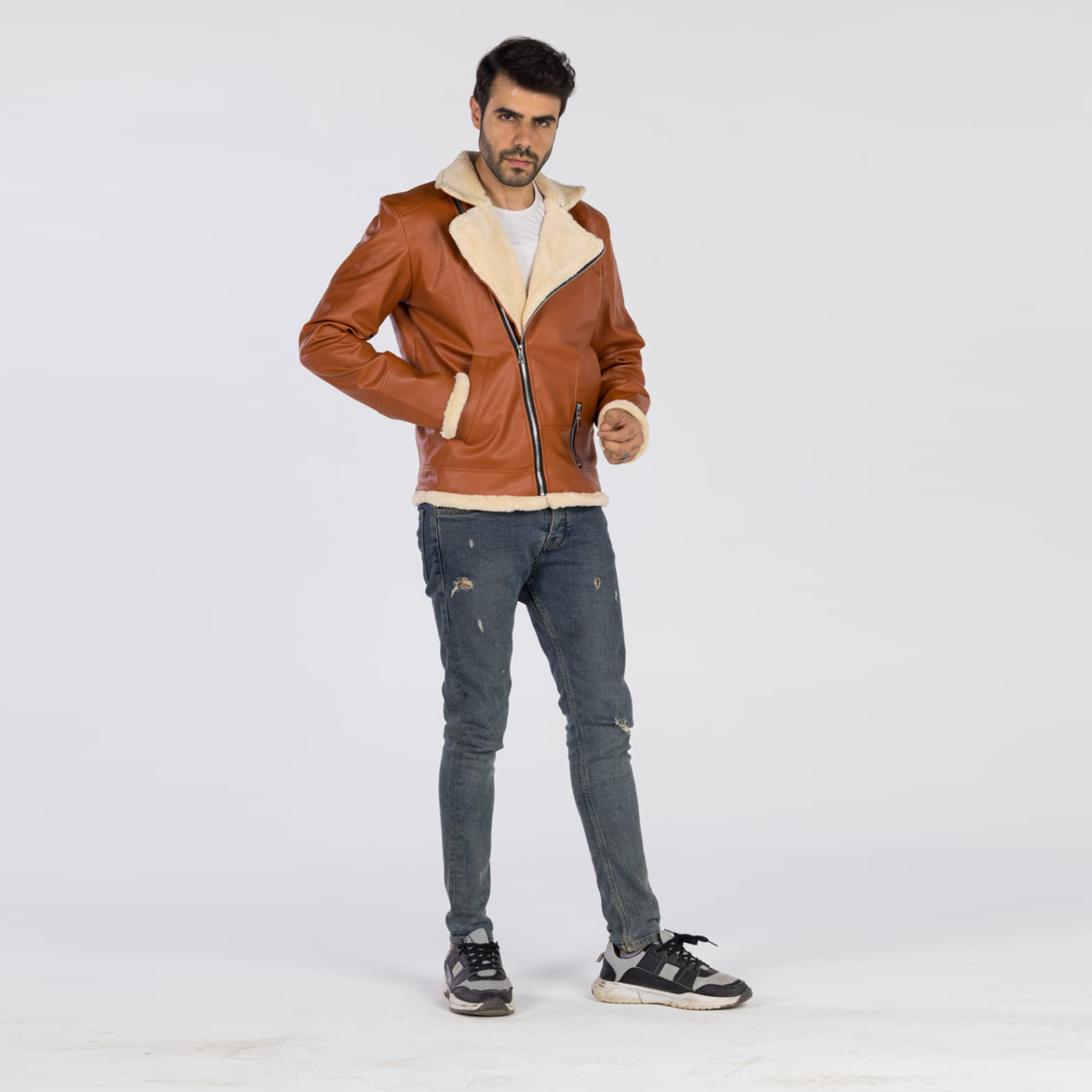 جاكيت جلد مبطن للجنسين - بني فاتح