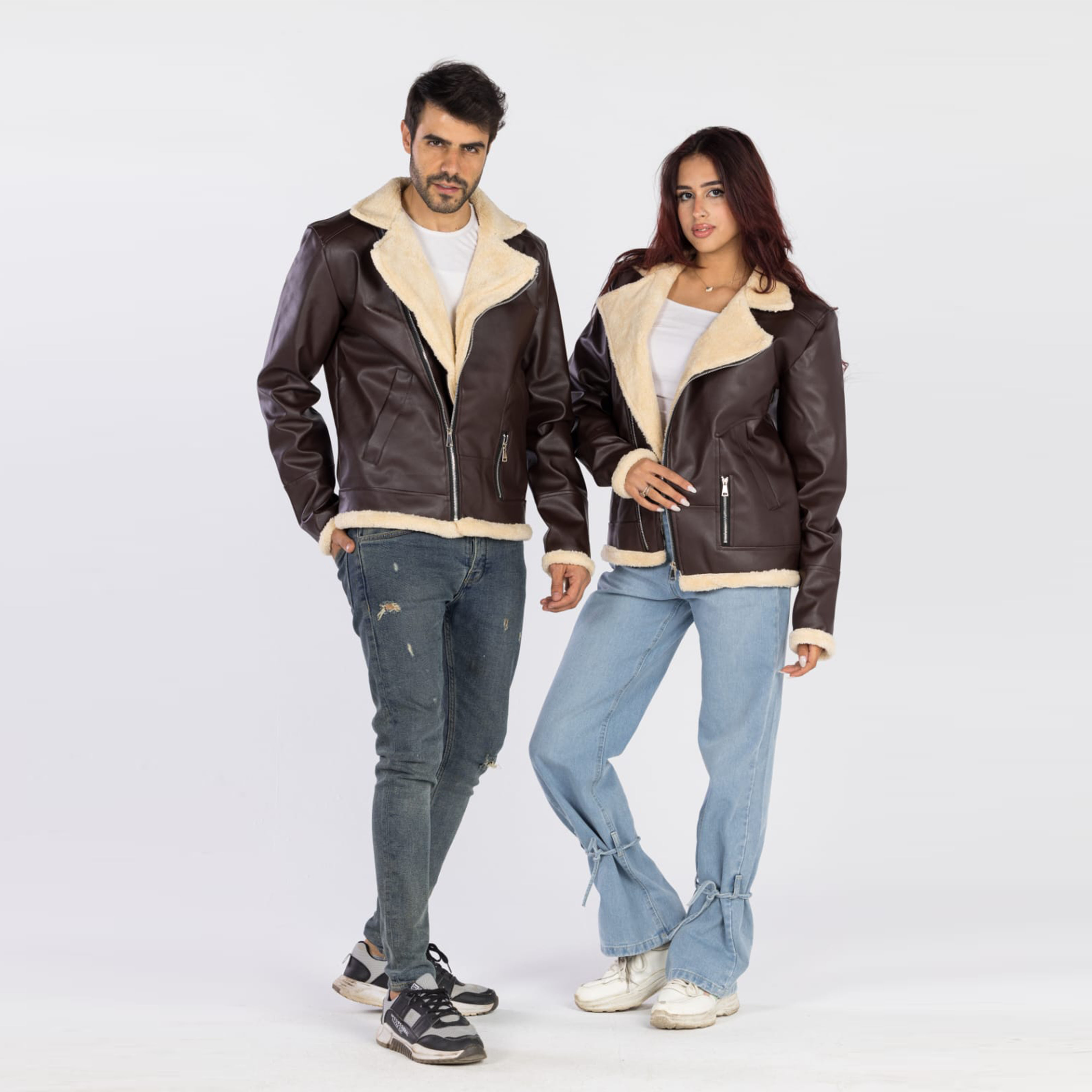 جاكيت جلد مبطن للجنسين - بني