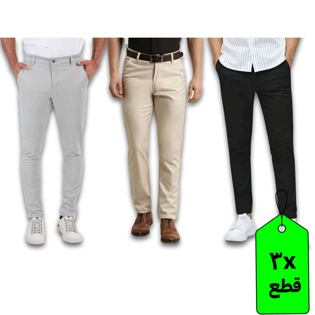 بنطلون كاجوال رجالي - 3 قطع - أسود/بيج/رمادي