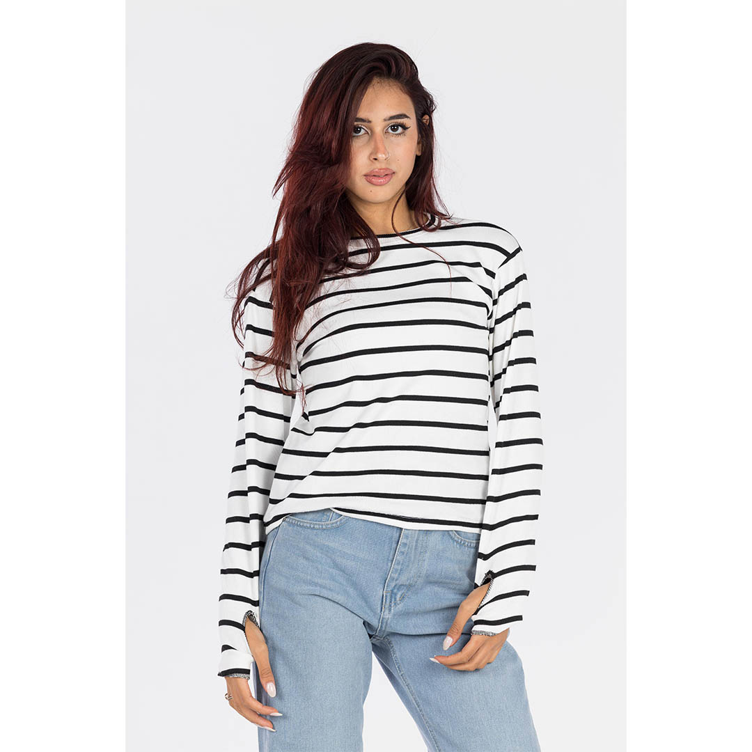 تيشيرت حريمي قطن كم طويل - أبيض/أسود