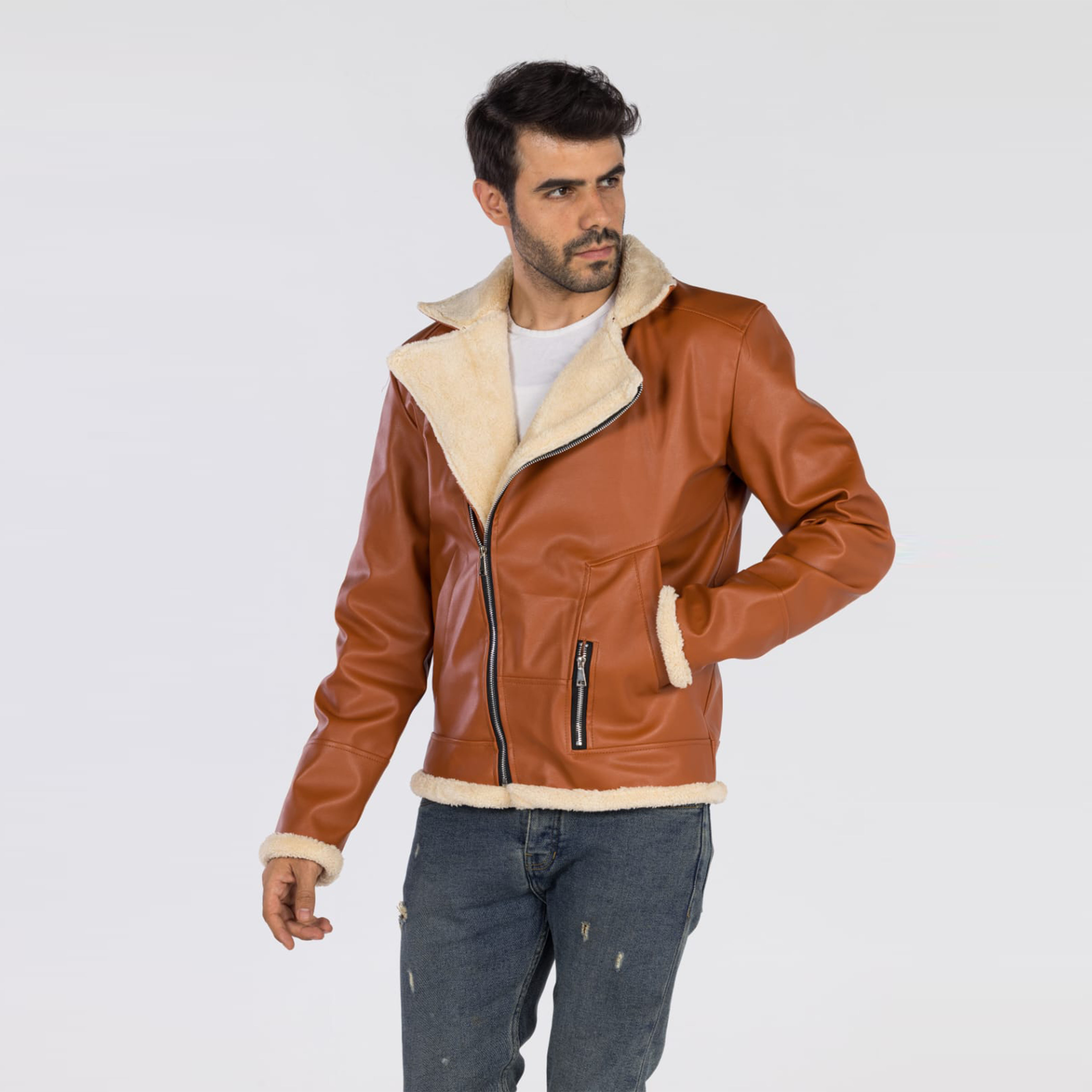 جاكيت جلد مبطن للجنسين - بني فاتح