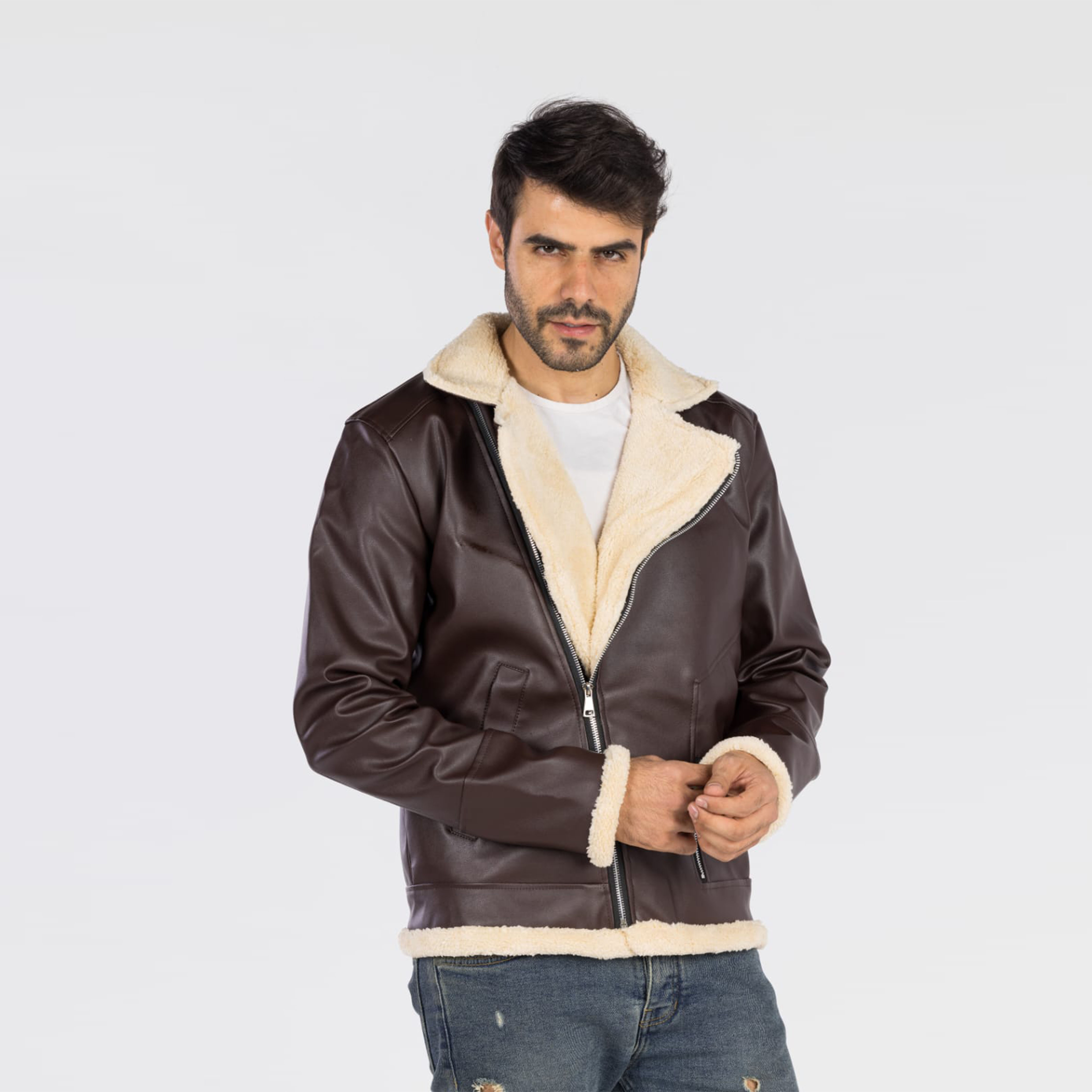 جاكيت جلد مبطن للجنسين - بني