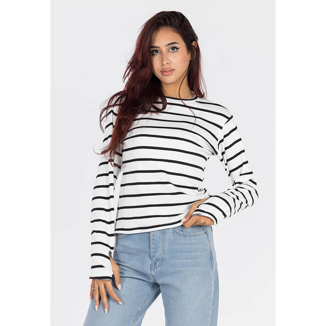 تيشيرت حريمي قطن كم طويل - أبيض/أسود