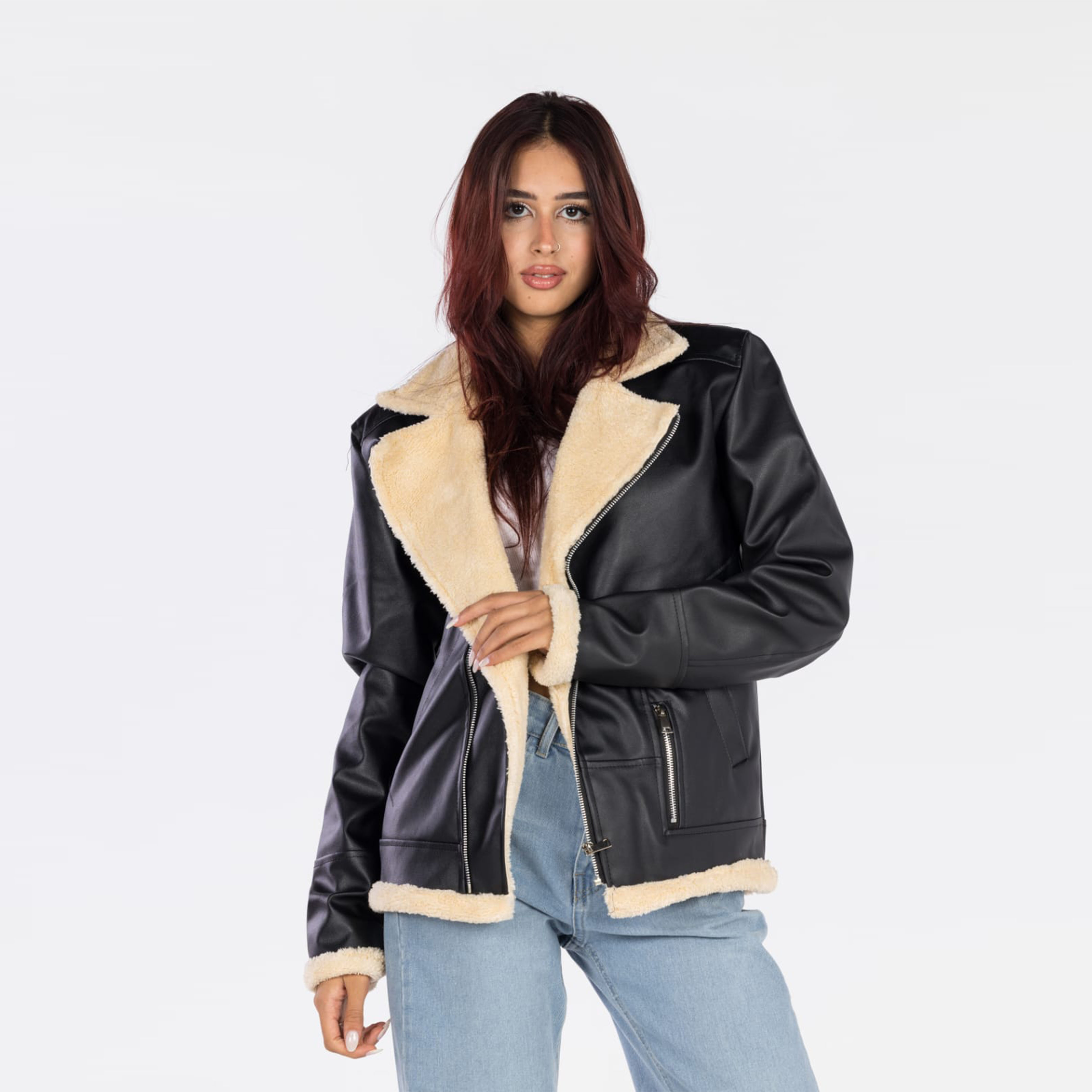 جاكيت جلد مبطن للجنسين - أسود