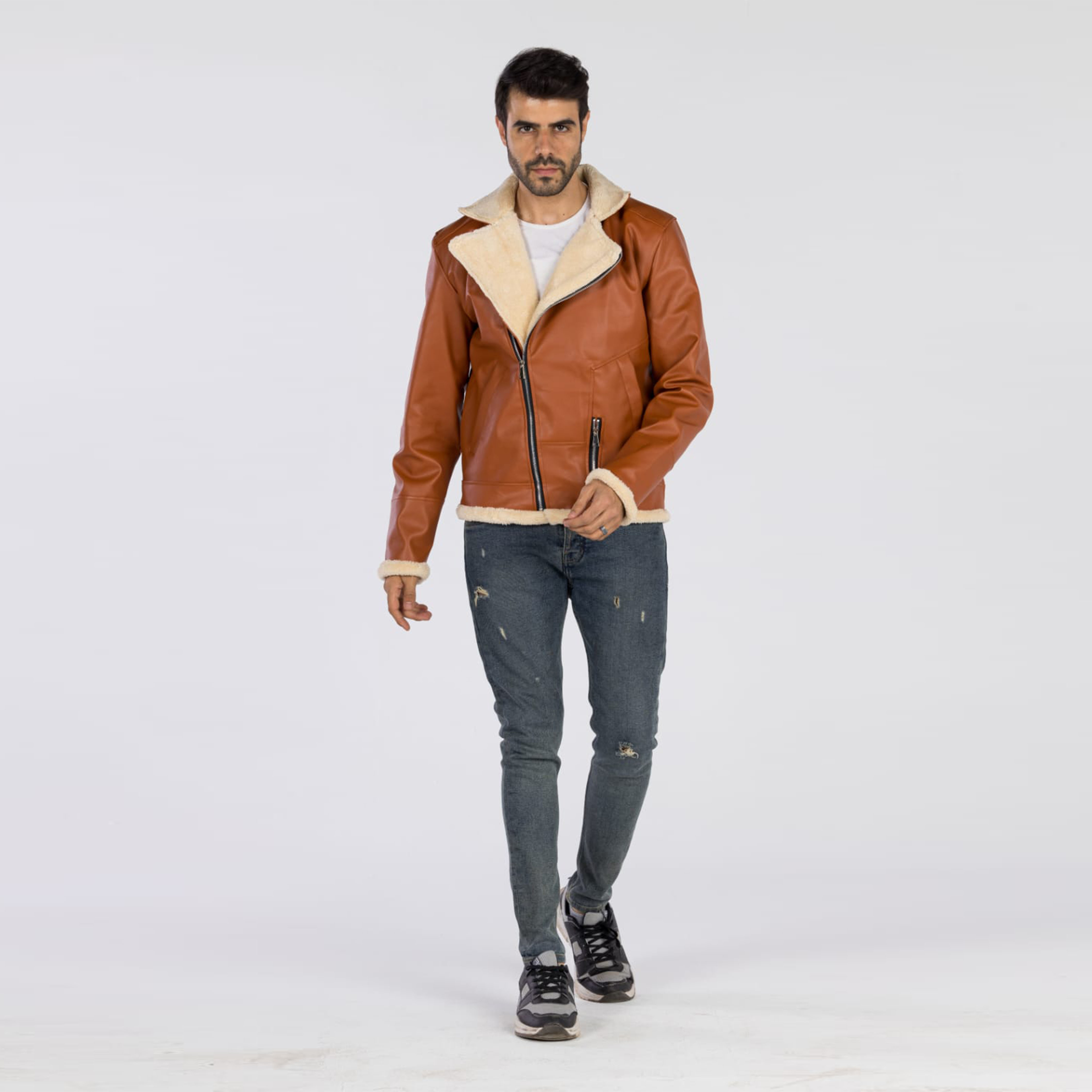 جاكيت جلد مبطن للجنسين - بني فاتح