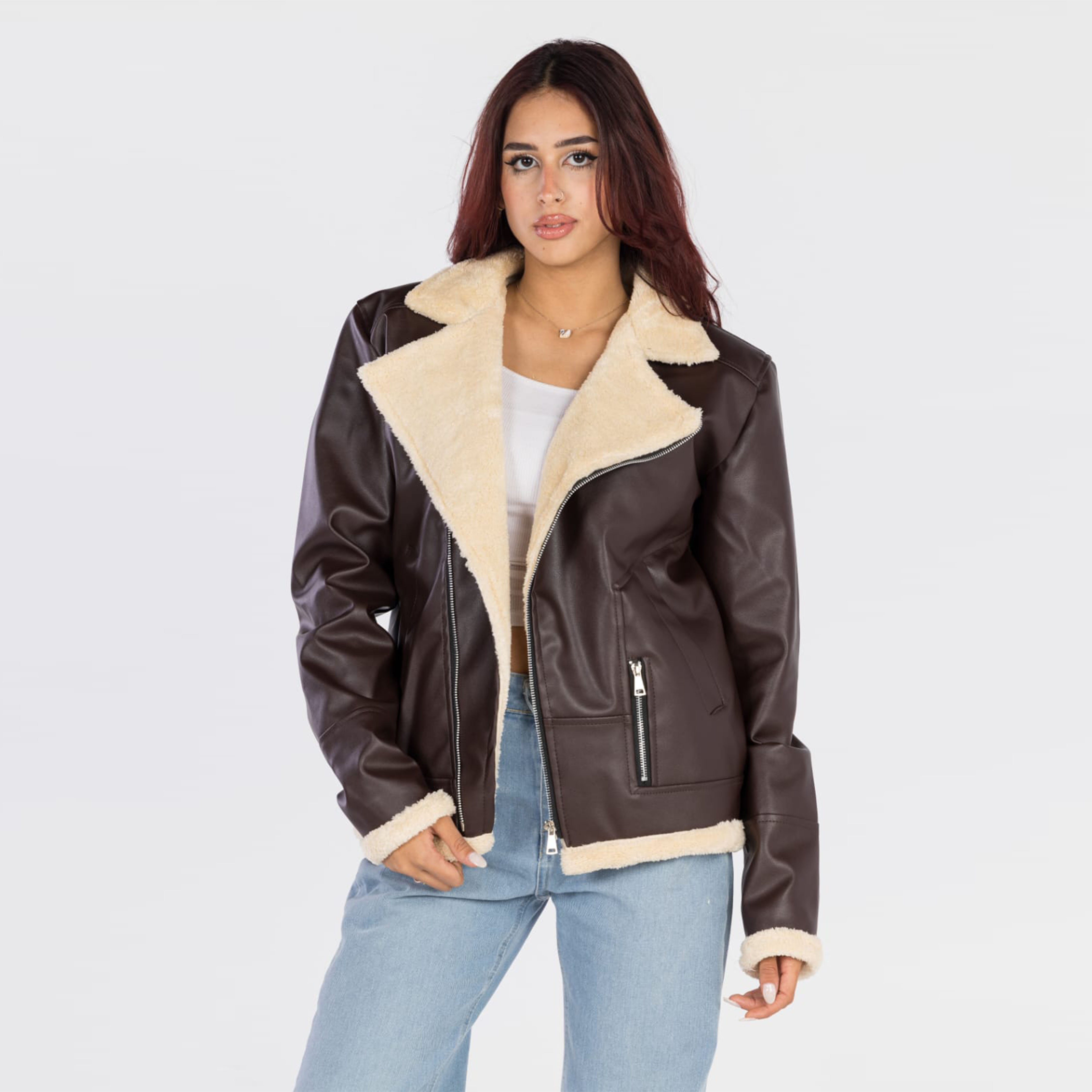 جاكيت جلد مبطن للجنسين - بني