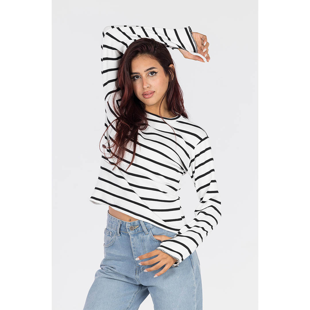 تيشيرت حريمي قطن كم طويل - أبيض/أسود