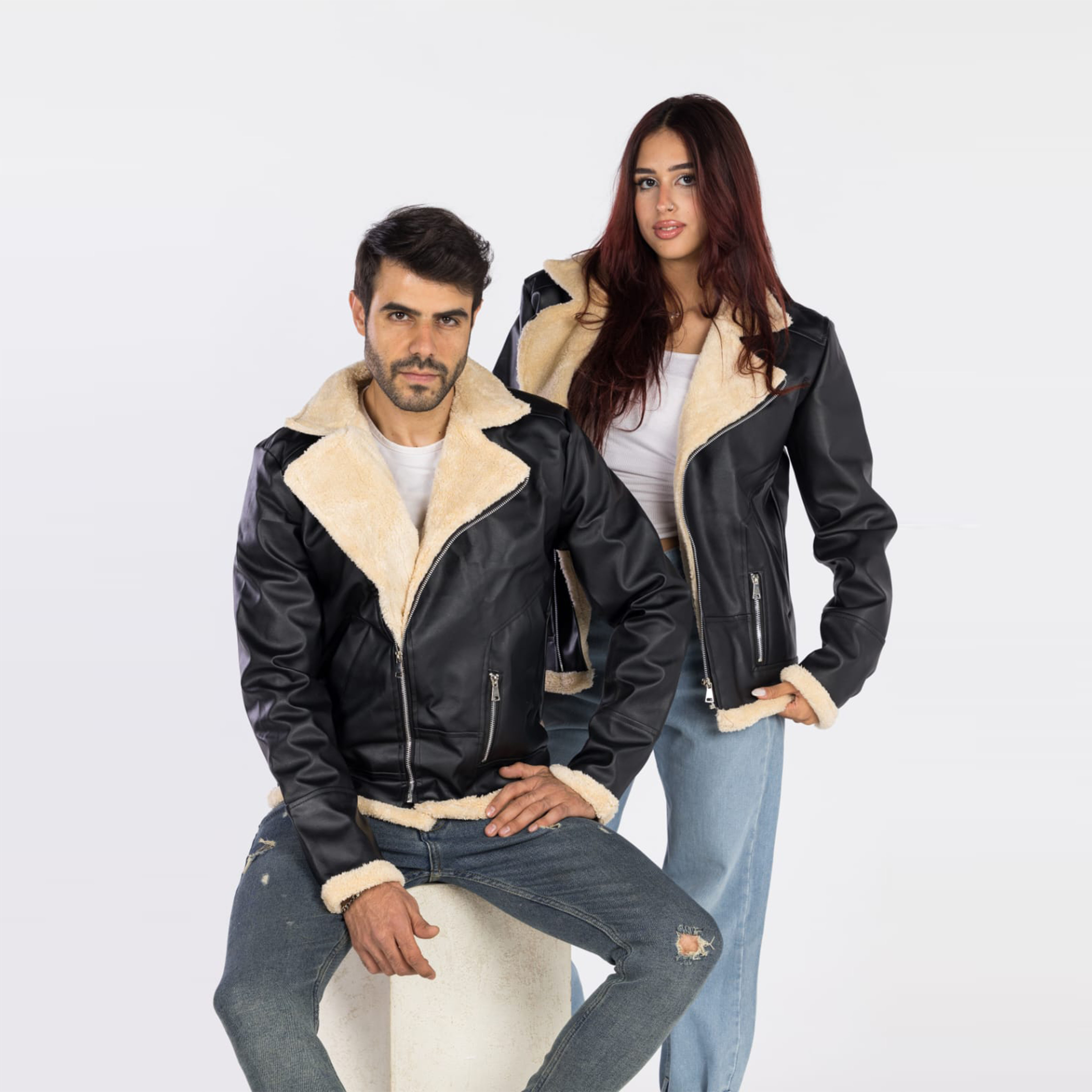 جاكيت جلد مبطن للجنسين - أسود