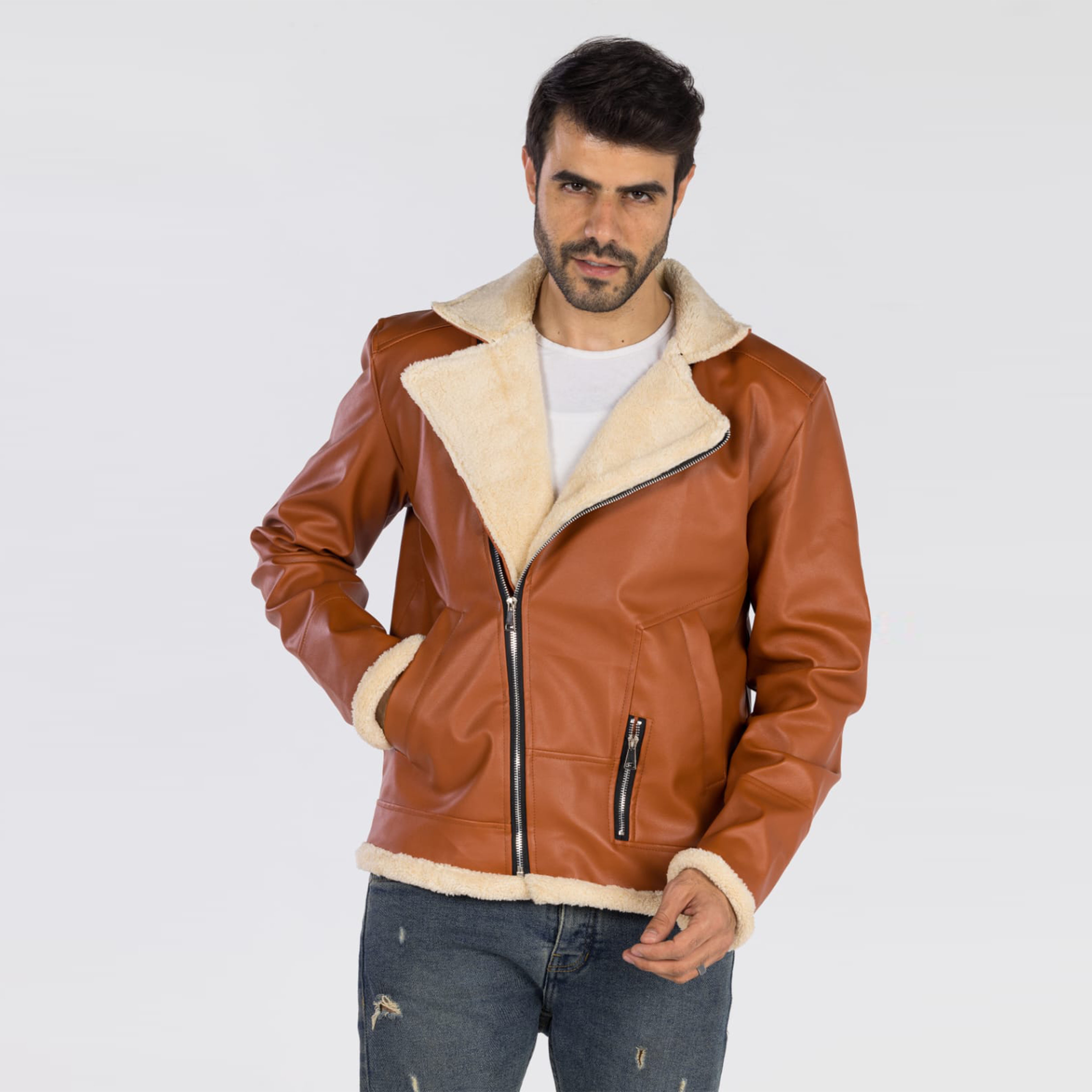 جاكيت جلد مبطن للجنسين - بني فاتح