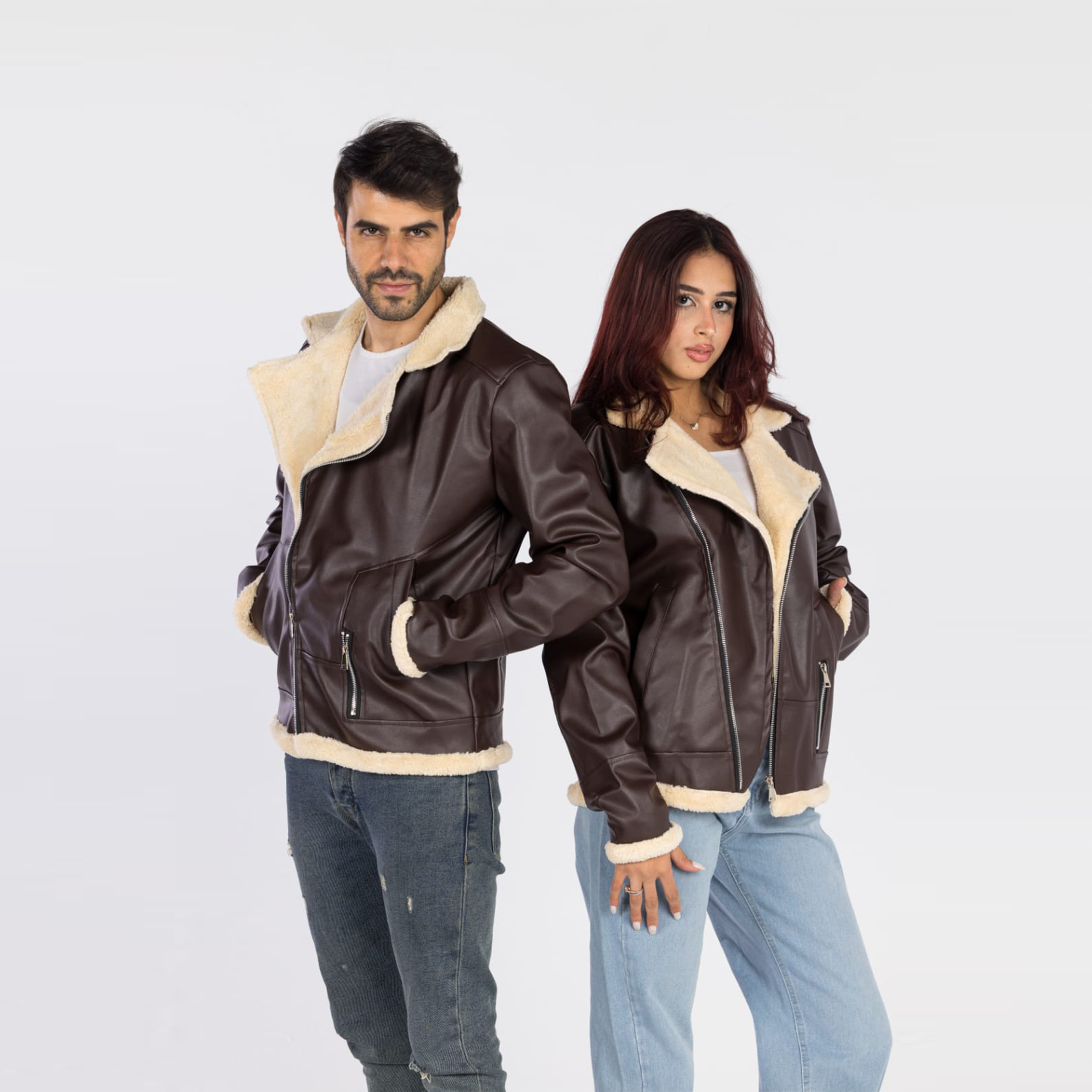 جاكيت جلد مبطن للجنسين - بني