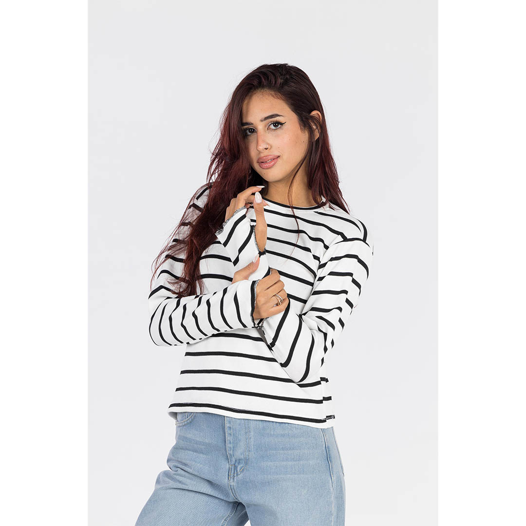 تيشيرت حريمي قطن كم طويل - أبيض/أسود