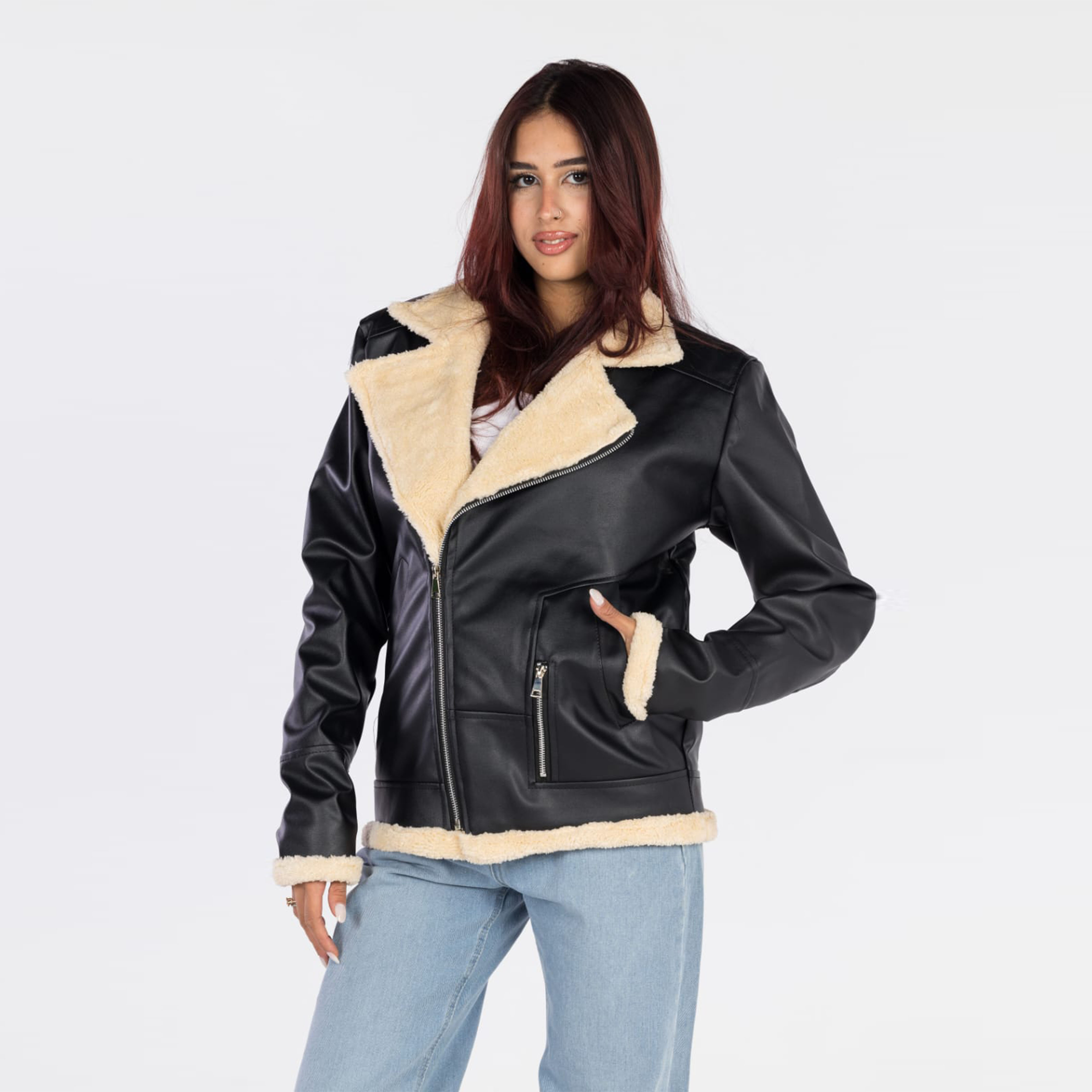 جاكيت جلد مبطن للجنسين - أسود