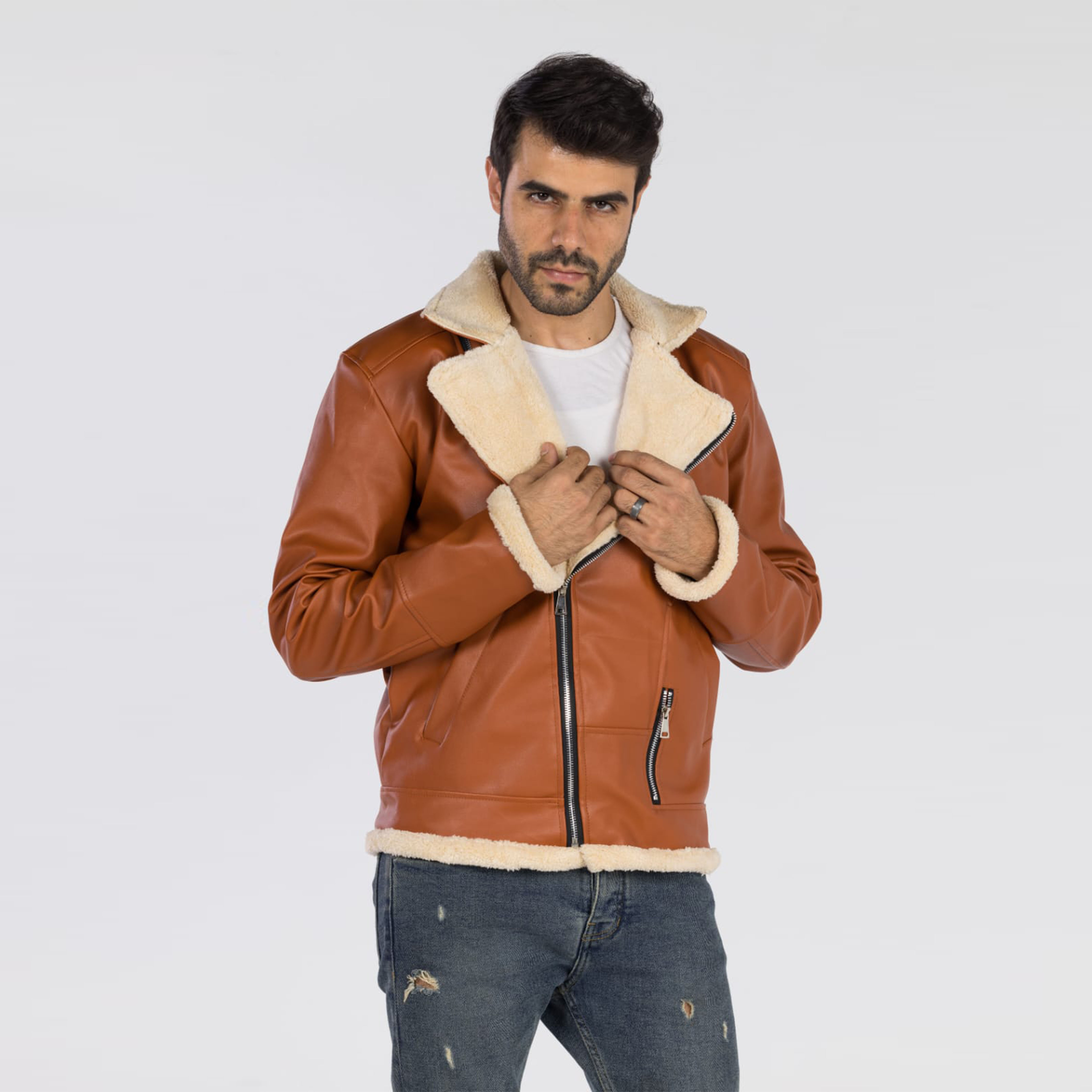 جاكيت جلد مبطن للجنسين - بني فاتح