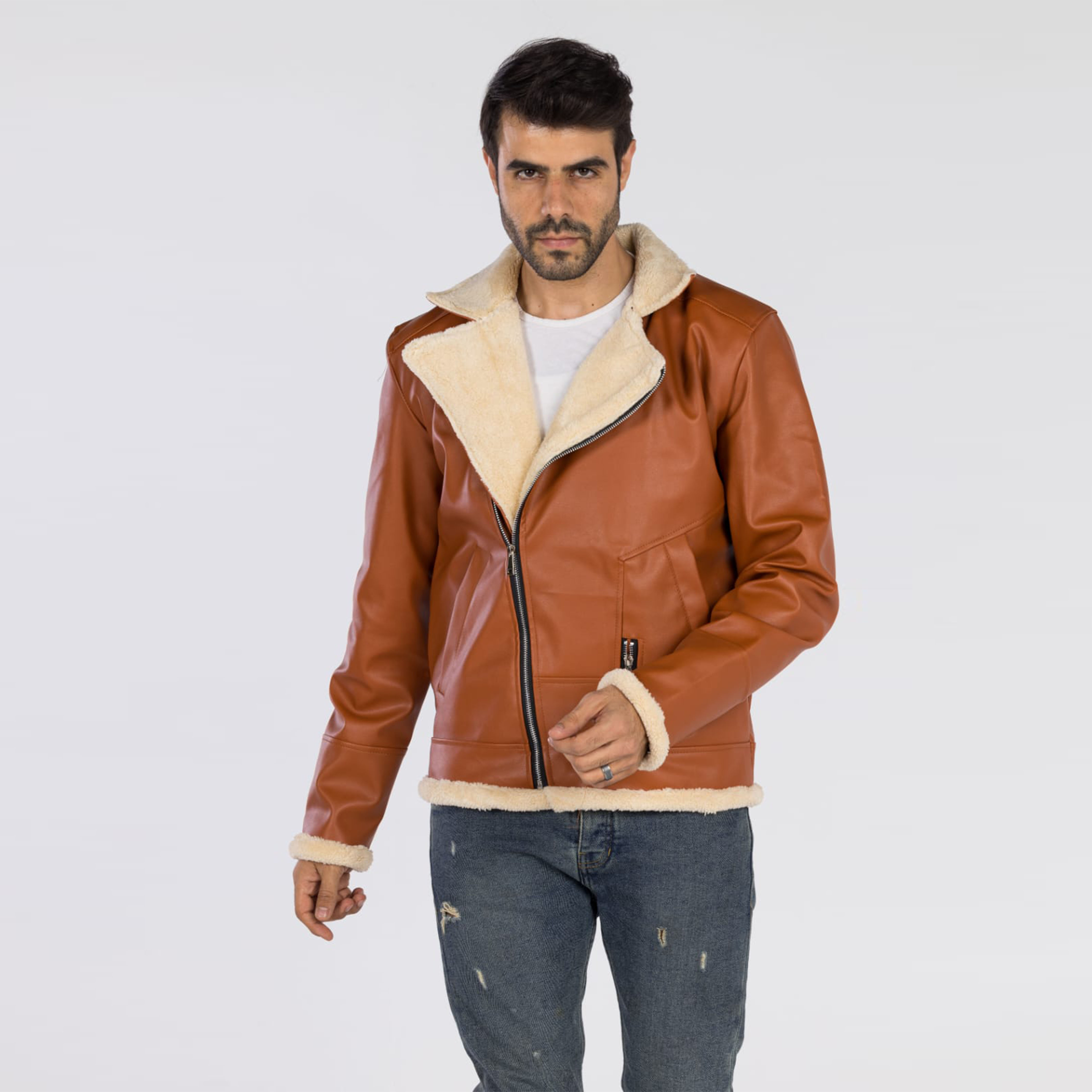 جاكيت جلد مبطن للجنسين - بني فاتح