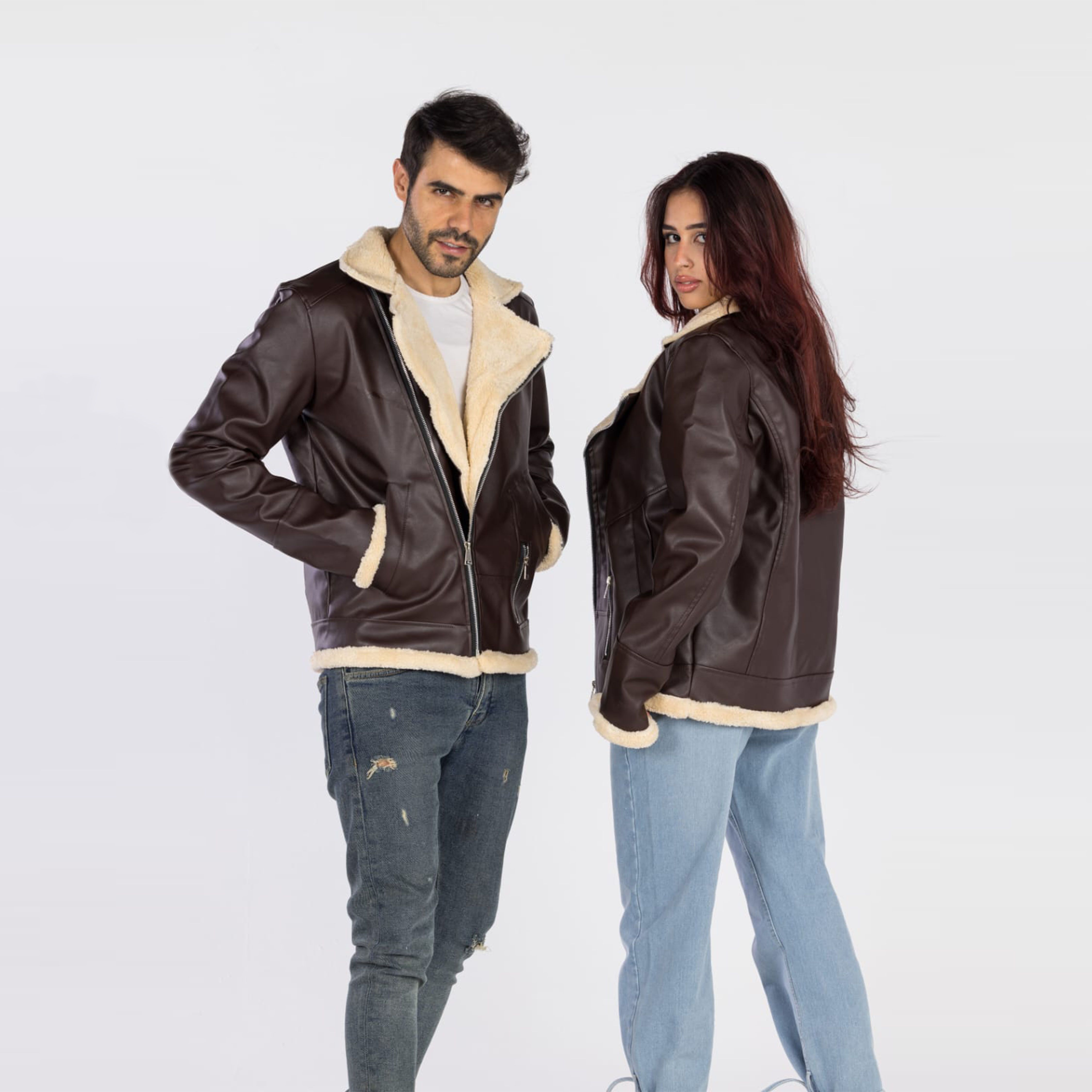 جاكيت جلد مبطن للجنسين - بني