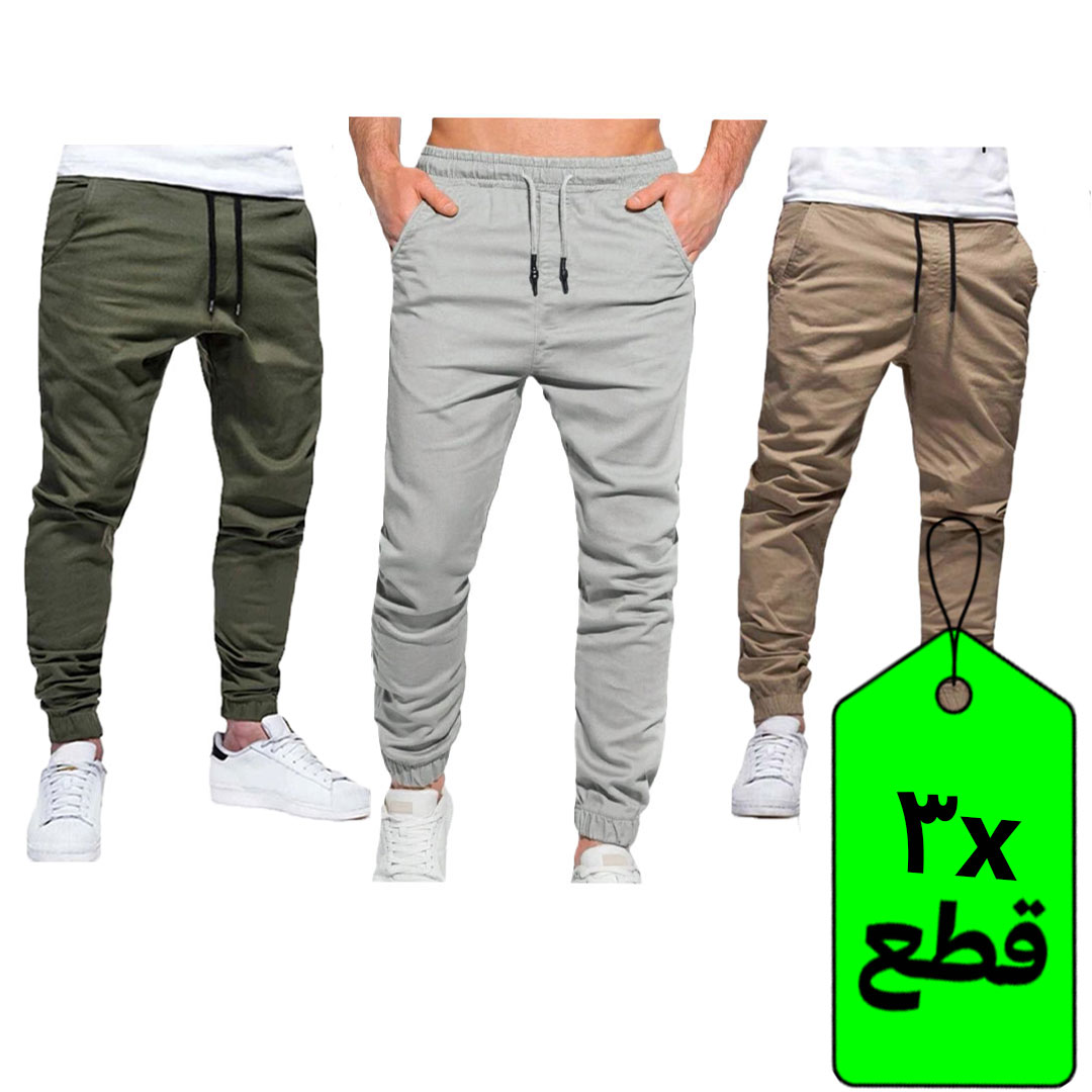 بنطلون كاجوال رجالي - 3 قطع - بيج/رمادي/زيتي