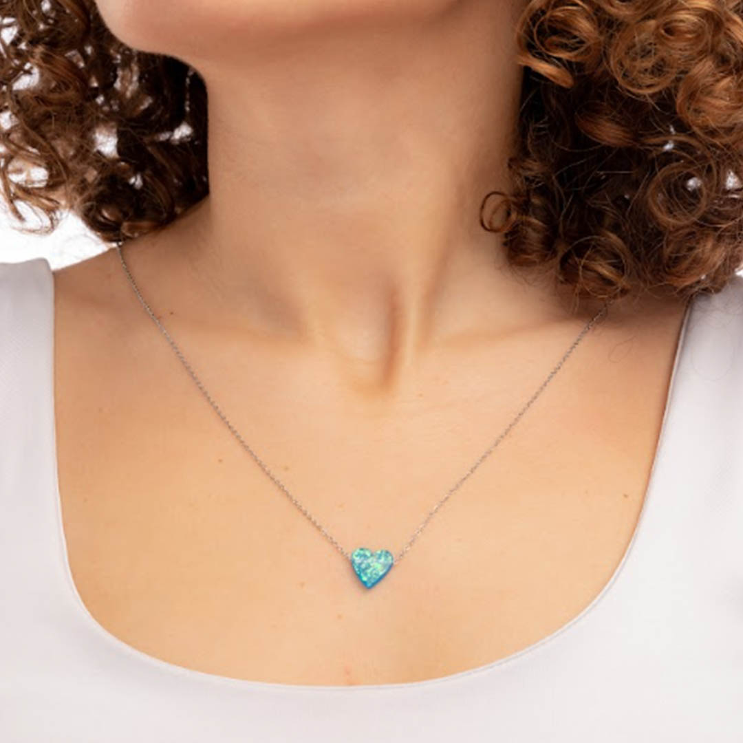 سلسلة حريمي مطلية فضة شكل قلب - أزرق/فضي