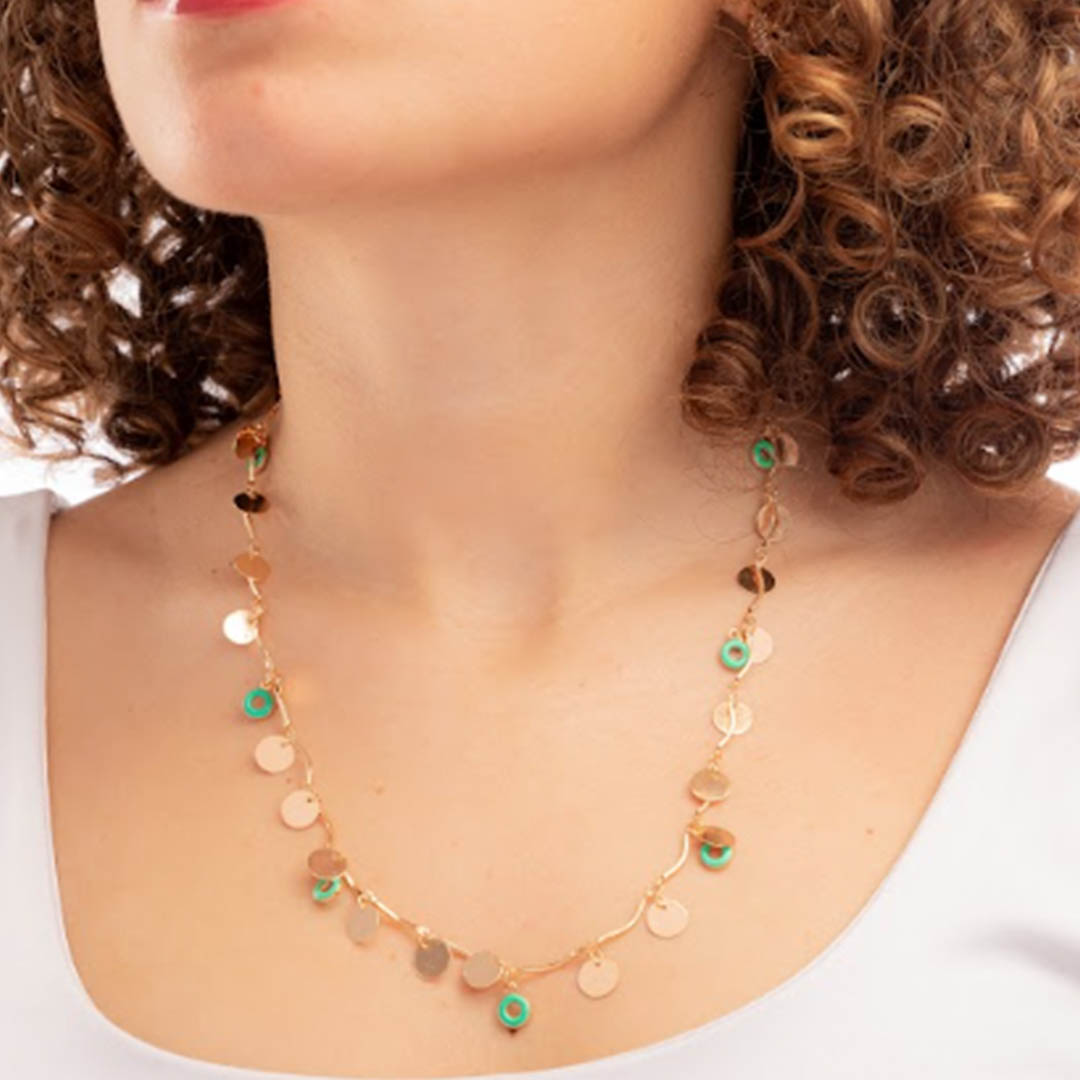 سلسلة حريمي رفيعة شكل دوائر صغيرة - ذهبي/أخضر