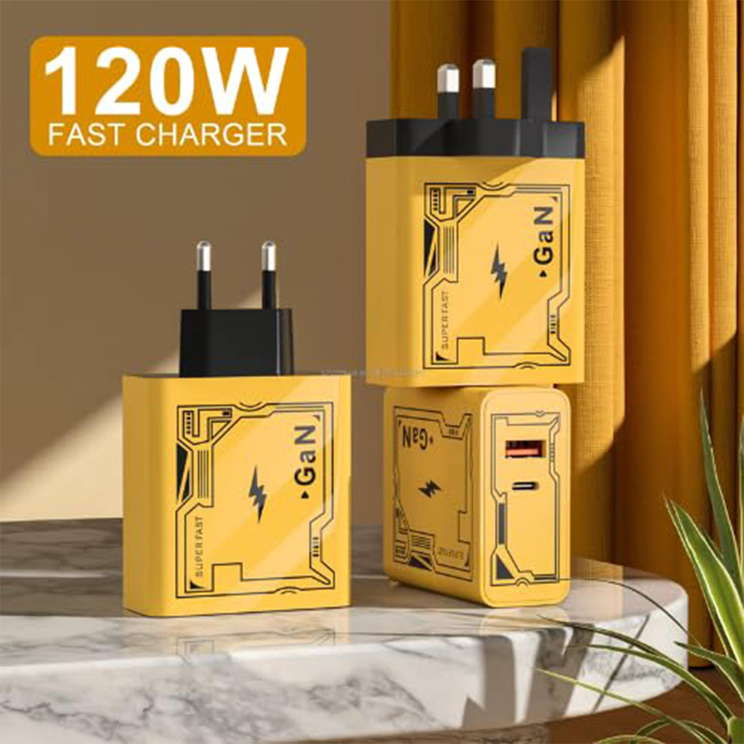 محول طاقة - شاحن سريع 120 واط - كابل 4 في 1 (USB + Type-C + Lightning) - 1 متر - أصفر