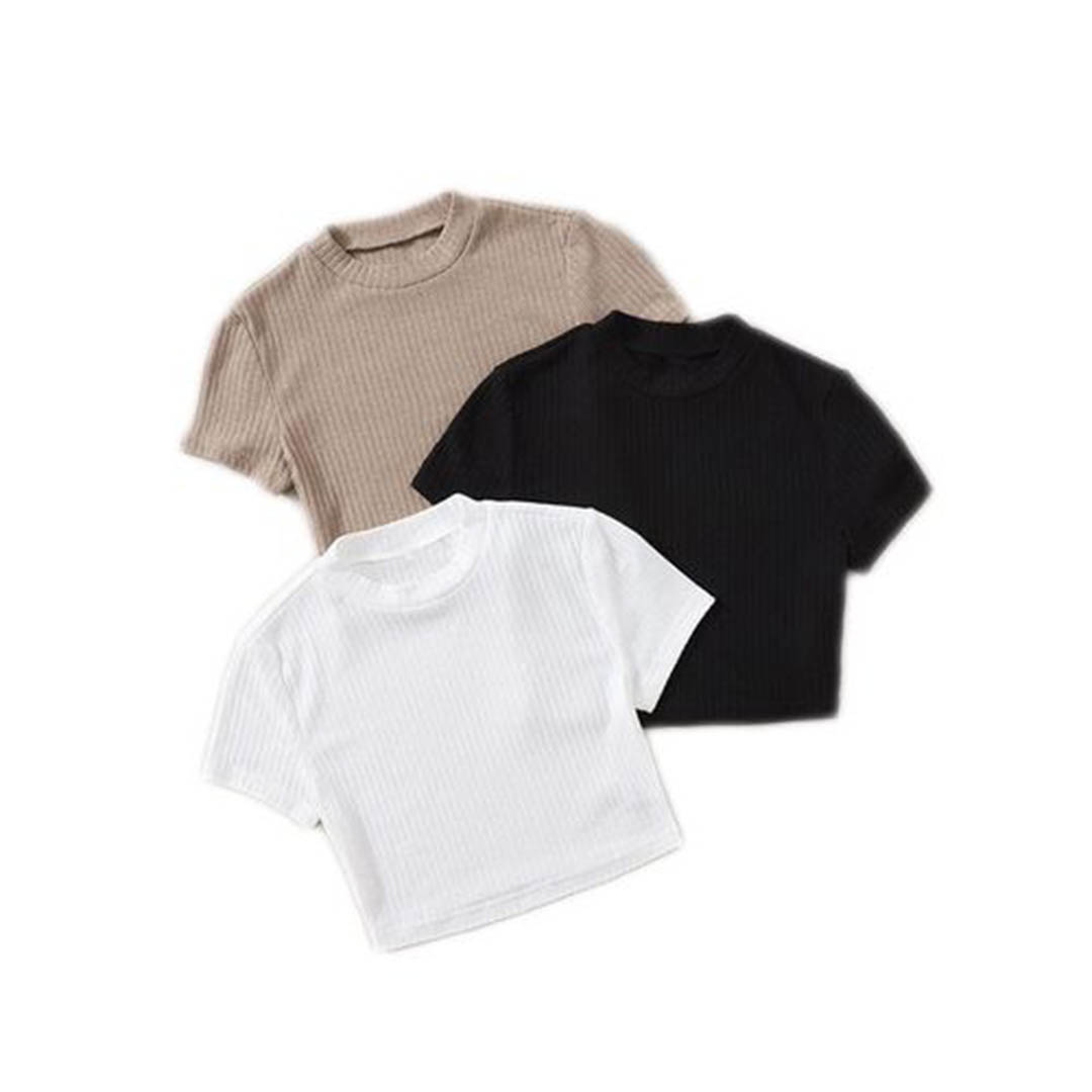 تيشيرت بيزك مضلع نص كم - 3 قطع