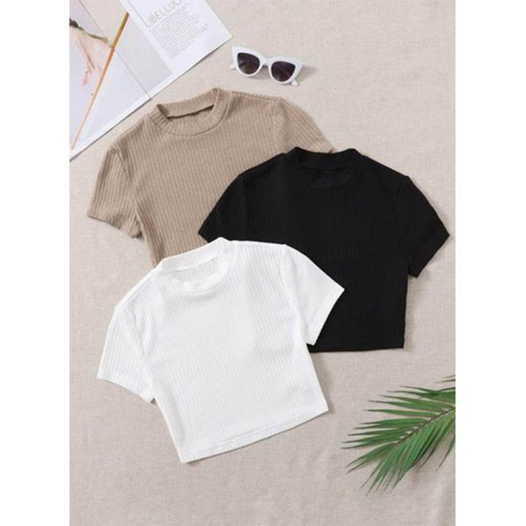 تيشيرت بيزك مضلع نص كم - 3 قطع