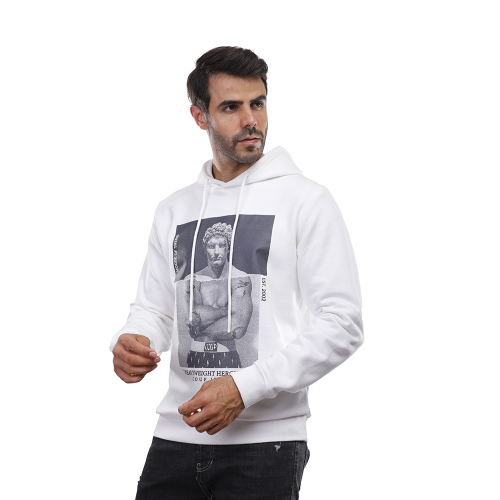 هودي رجالي كم طويل مطبوع - أبيض - 1600267