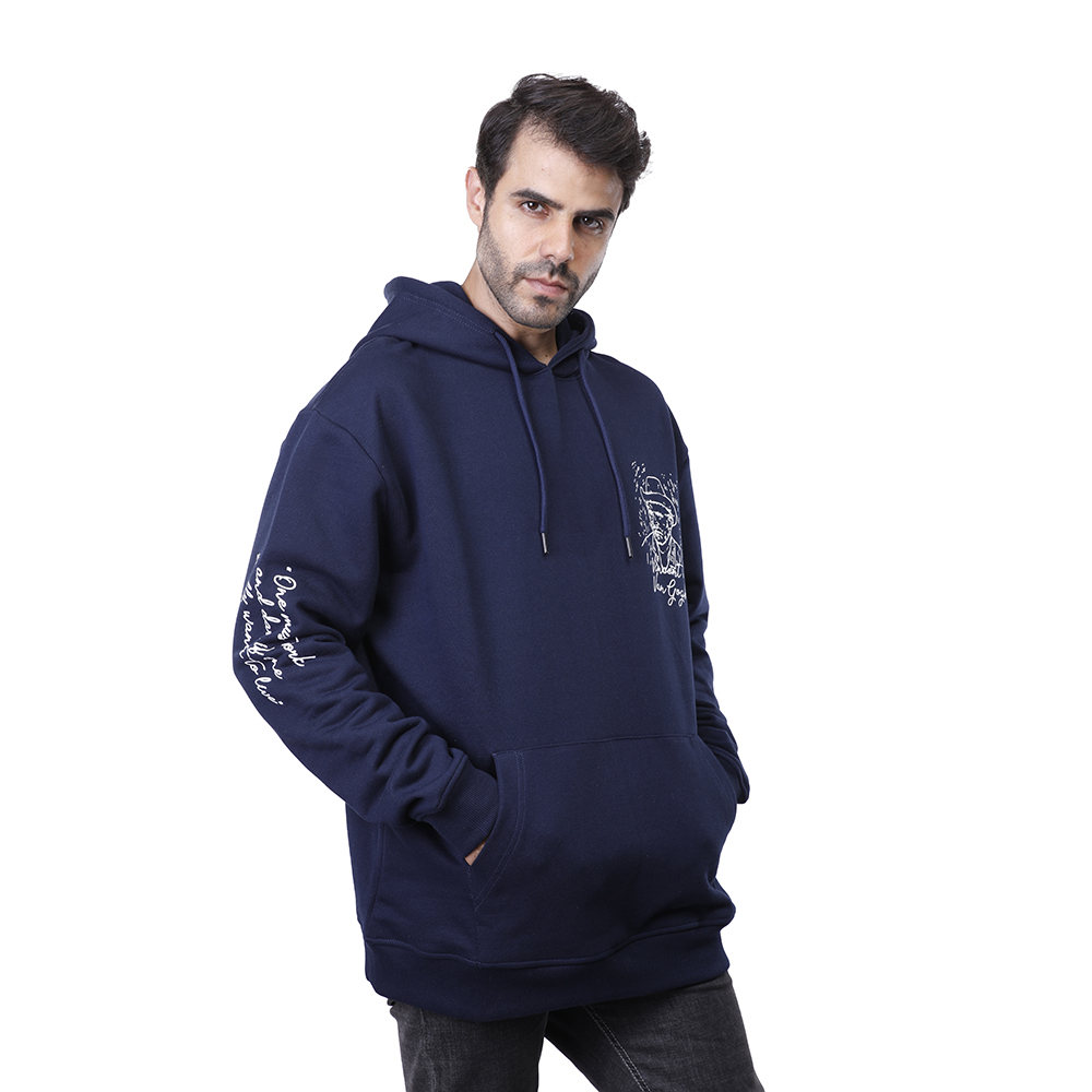 هودي رجالي كم طويل بجيوب مطبوع - كحلي - 1600275