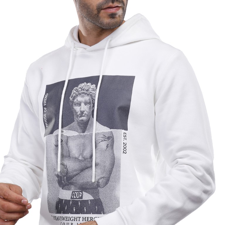 هودي رجالي كم طويل مطبوع - أبيض - 1600267