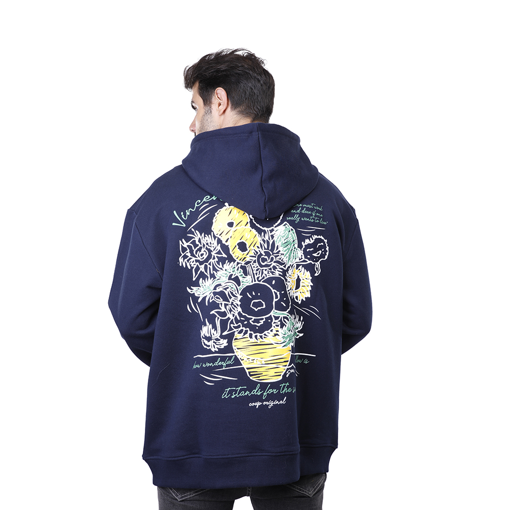 هودي رجالي كم طويل بجيوب مطبوع - كحلي - 1600275