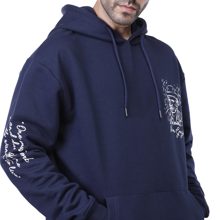 هودي رجالي كم طويل بجيوب مطبوع - كحلي - 1600275