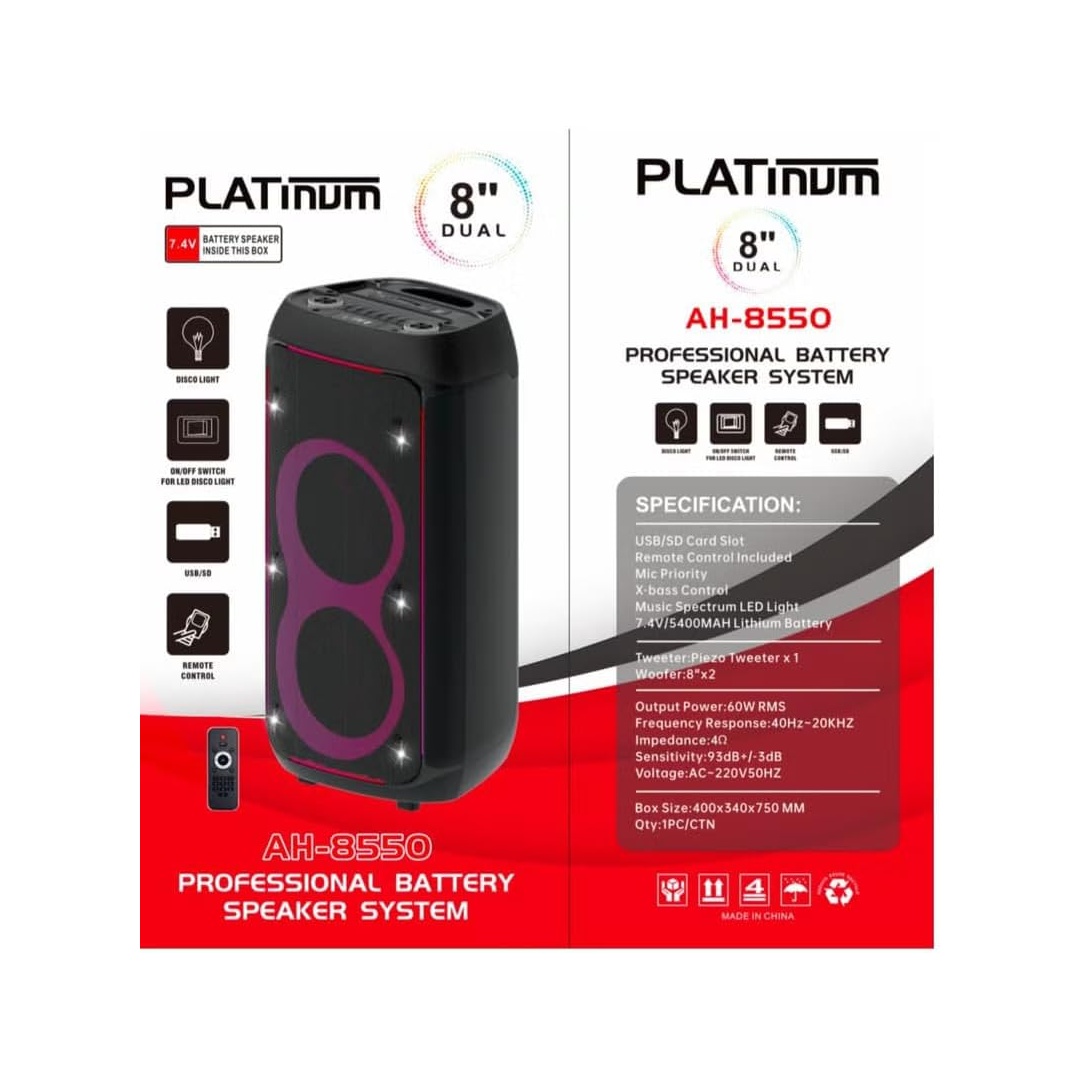 بلوتوث سبيكر متنقل 8" مع صوت عميق 60 واط RMS من بلاتينوم – AH-8550