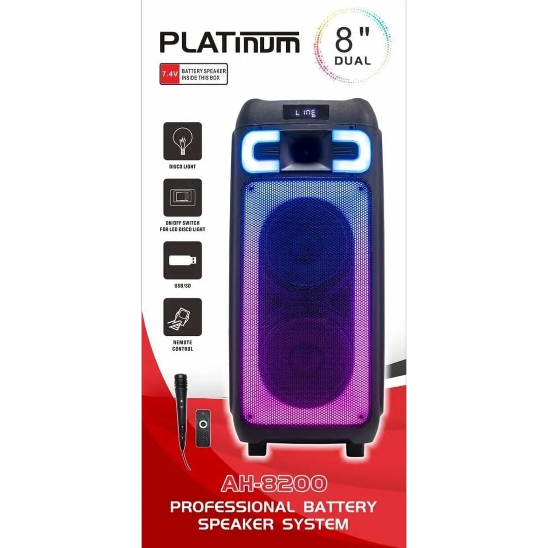 سماعة بلوتوث بلاتينيوم AH-8200 8 بوصة مع أضواء LED وميكروفون وريموت