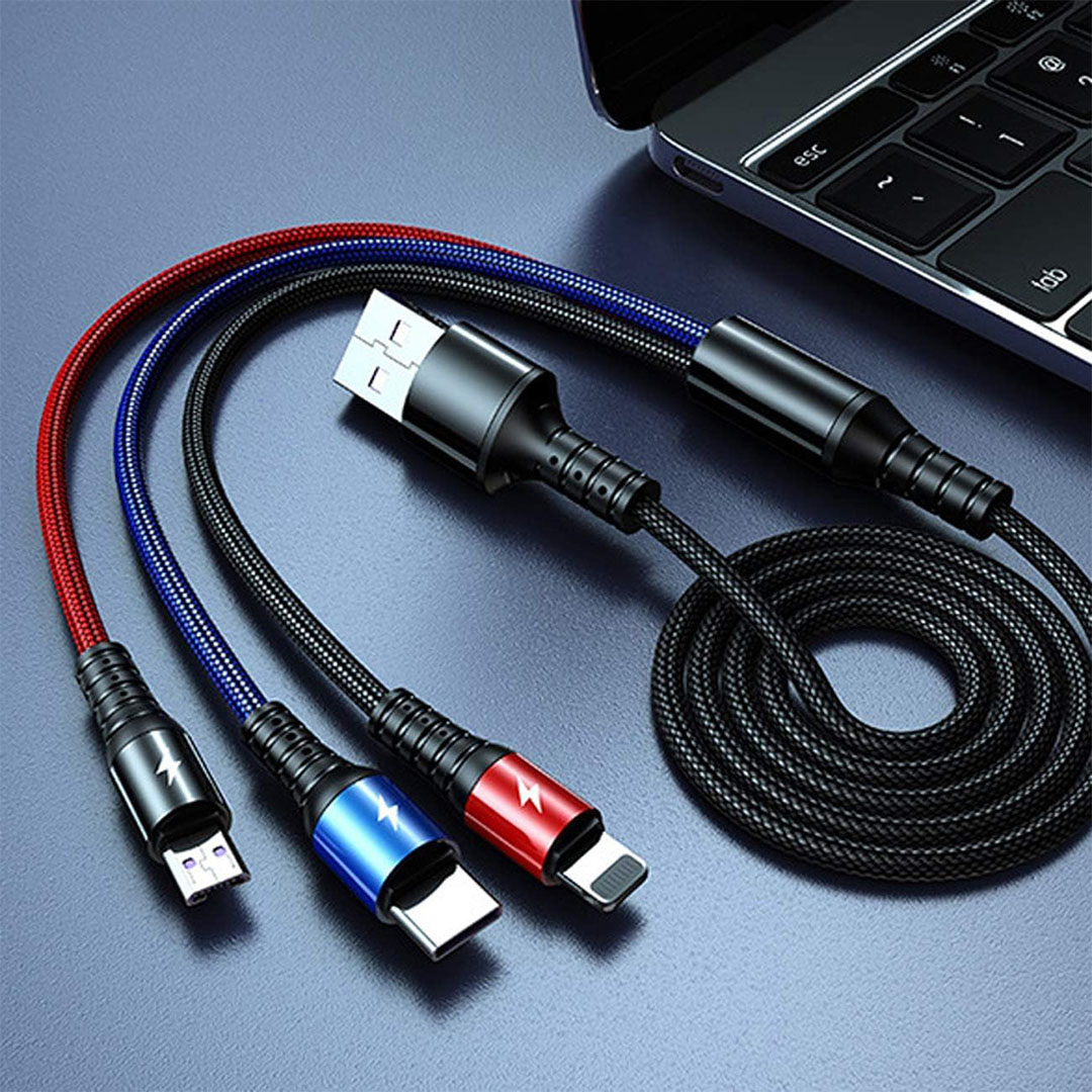 كابل شحن بثلاث مخارج من USB الي Type-C/lightning/Micro - أسود