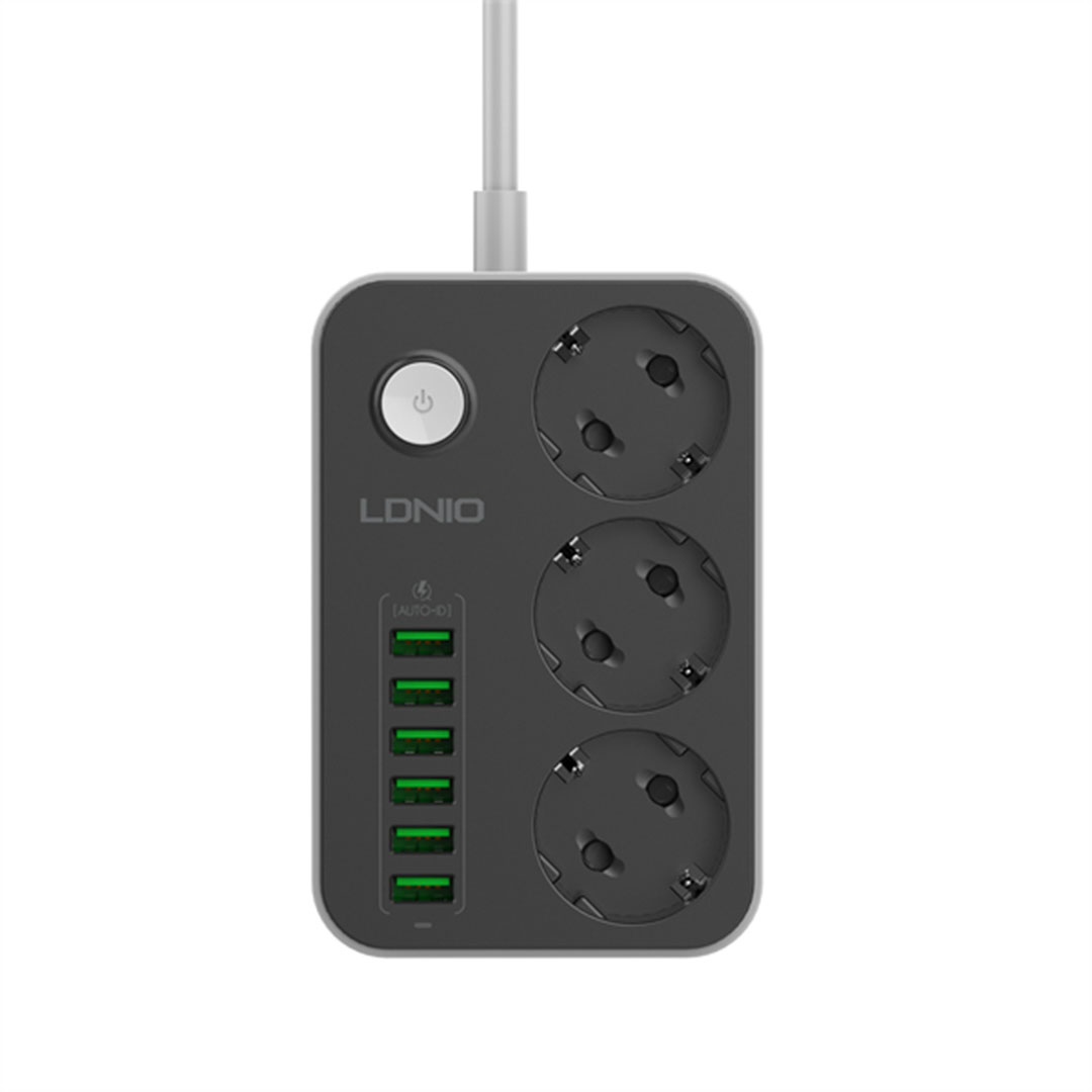 مشترك LDNIO كهربائي - 3 فيشة ثنائية - 6 مخارج USB - 2 متر