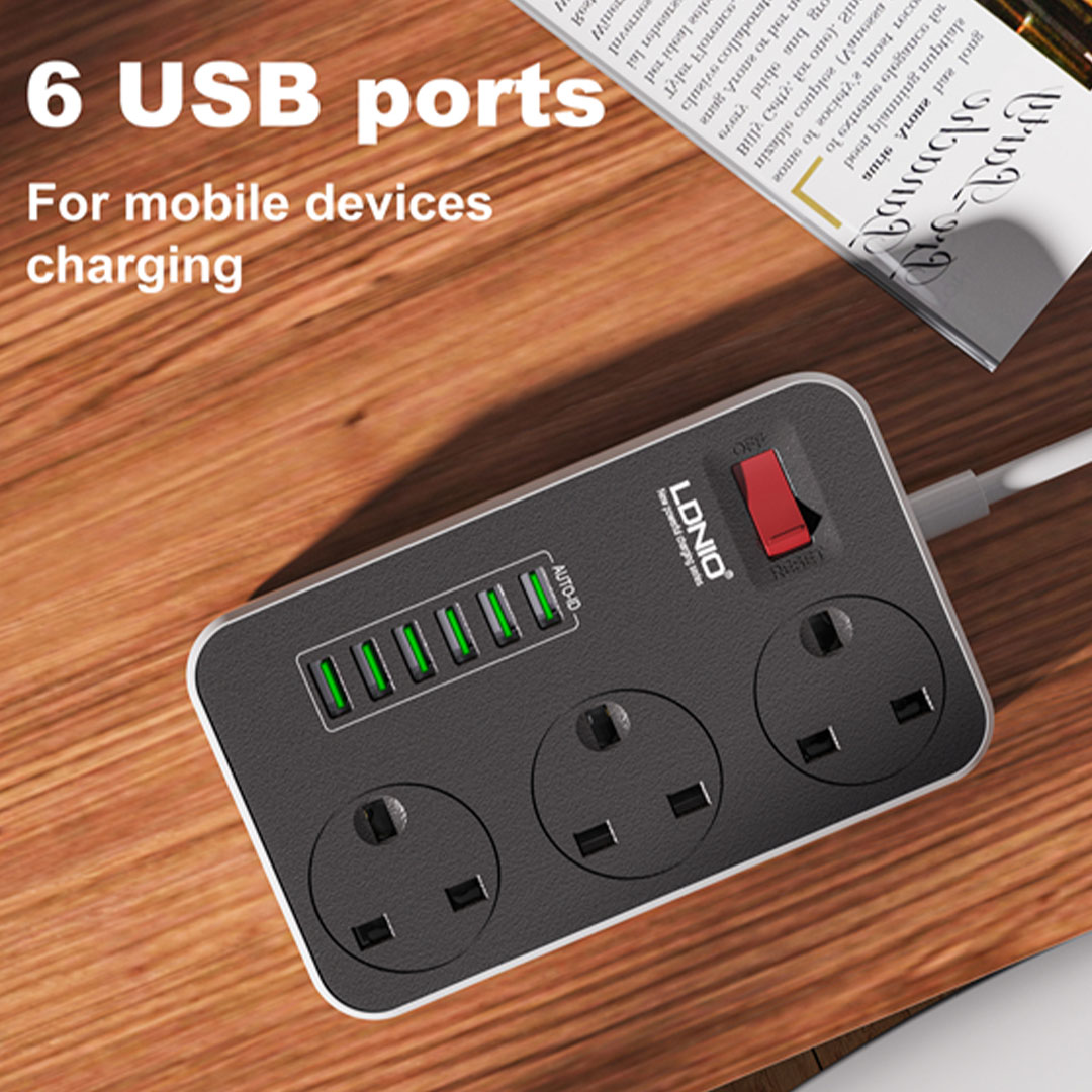 مشترك LDNIO كهربائي - 3 فيشة ثلاثية - 6 مخارج USB - 2 متر
