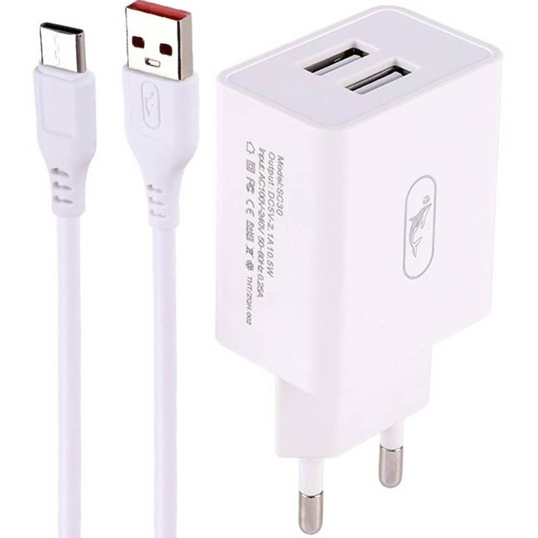 SC30T شاحن بمنفذين وكابل Type-C - أبيض