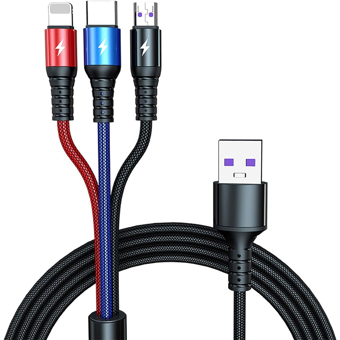 كابل شحن بثلاث مخارج من USB الي Type-C/lightning/Micro - أسود