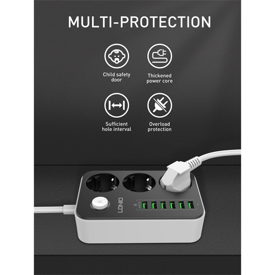 مشترك LDNIO كهربائي - 3 فيشة ثنائية - 6 مخارج USB - 2 متر
