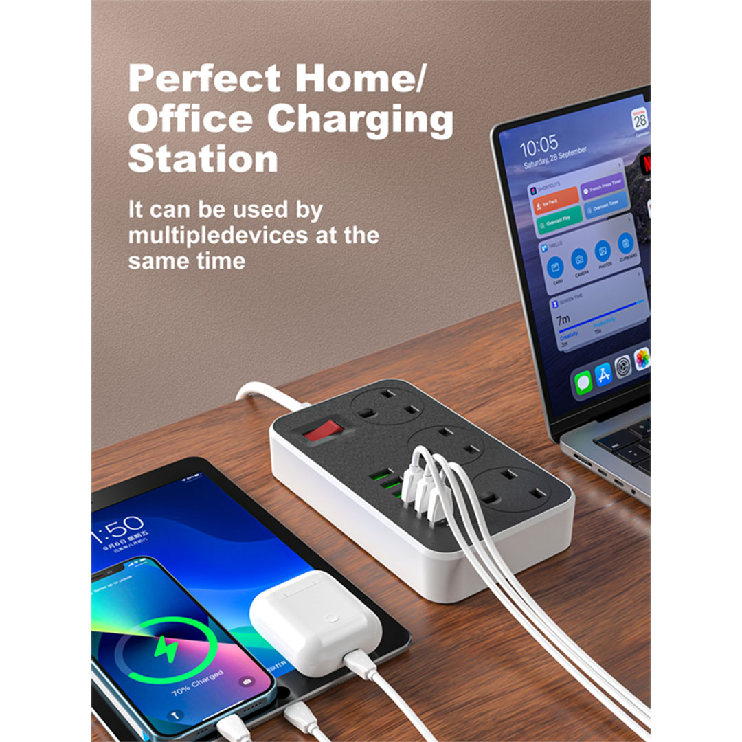 مشترك LDNIO كهربائي - 3 فيشة ثلاثية - 6 مخارج USB - 2 متر