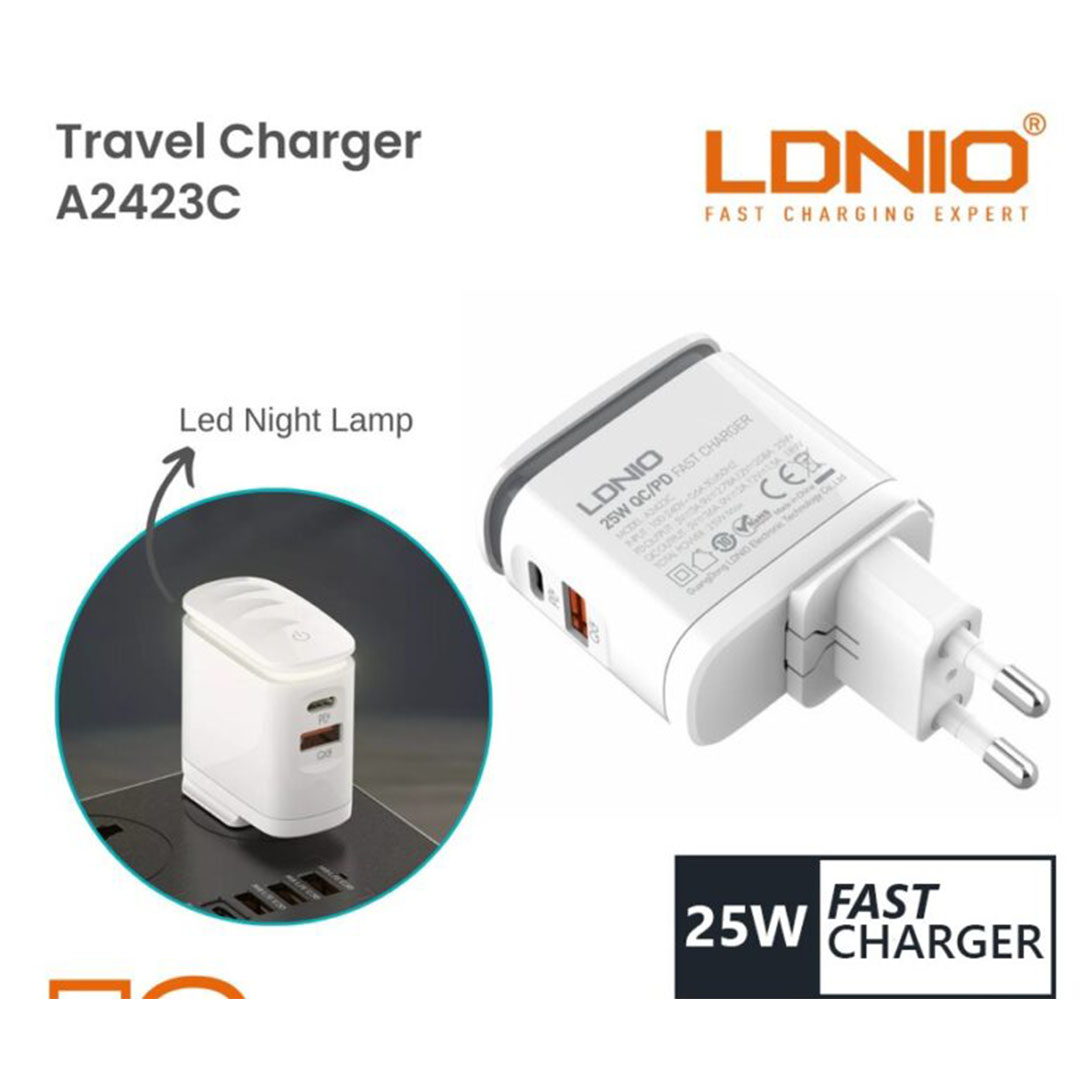 PD QC3.0 شاحن بمصباح ليلي مع Lightining / USB-C كابل - 25 وات - أبيض