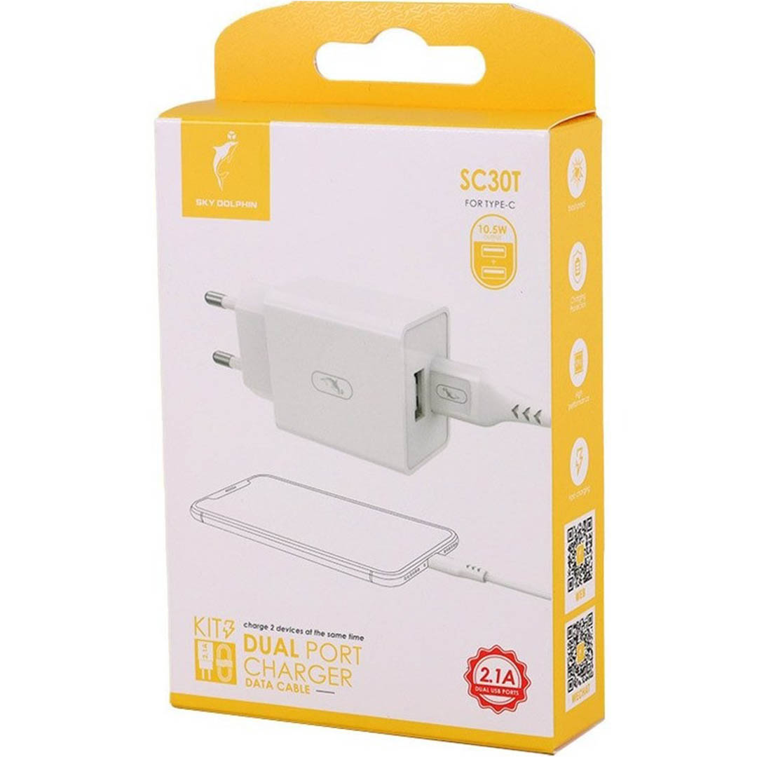SC30T شاحن بمنفذين وكابل Type-C - أبيض