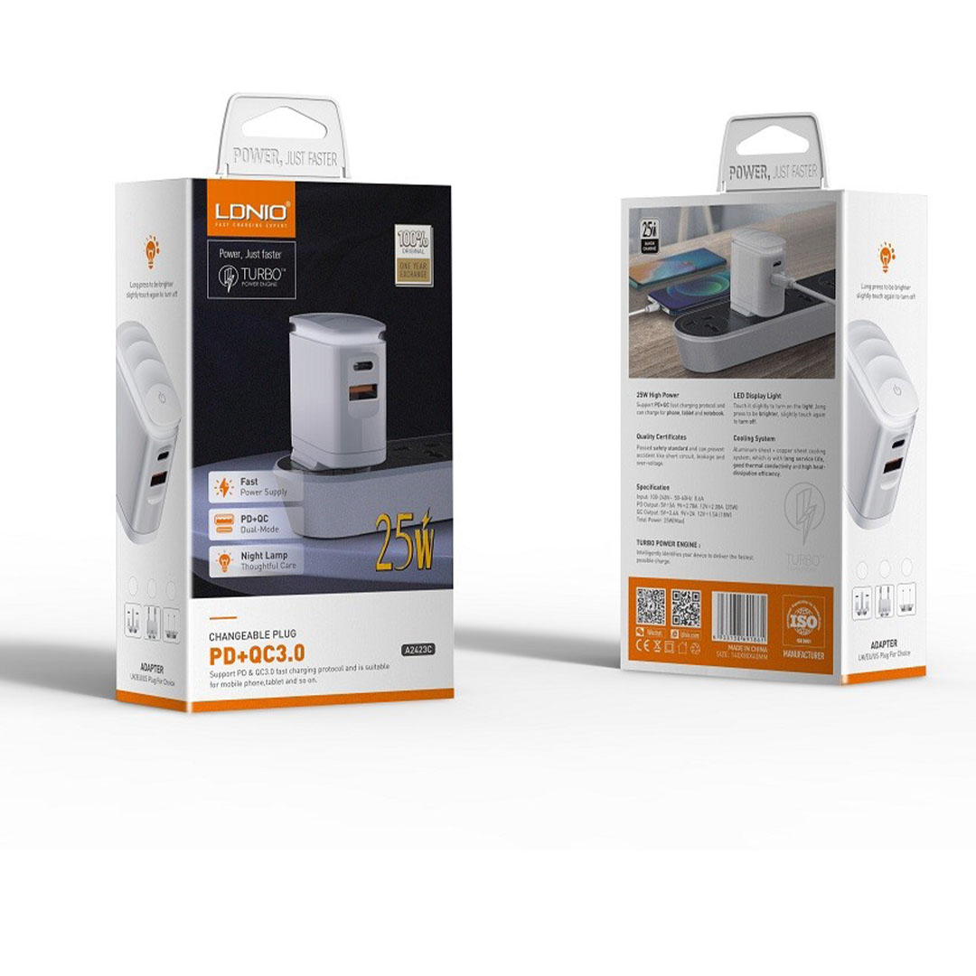 PD QC3.0 شاحن بمصباح ليلي مع Lightining / USB-C كابل - 25 وات - أبيض