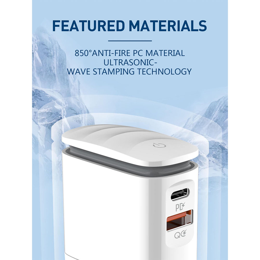 PD QC3.0 شاحن بمصباح ليلي مع Lightining / USB-C كابل - 25 وات - أبيض