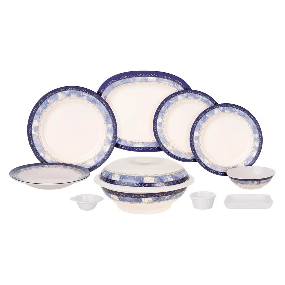 طقم سفرة ميلامين مستدير - رشا - 38 قطعة - أبيض/أزرق