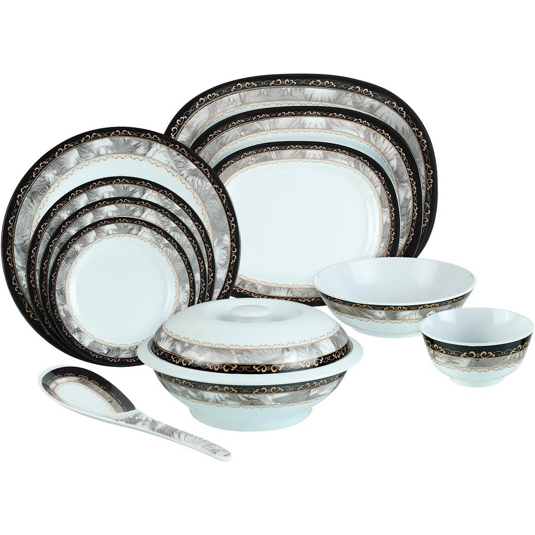 طقم سفرة ميلامين مستدير - 38 قطعة - أبيض/اسود