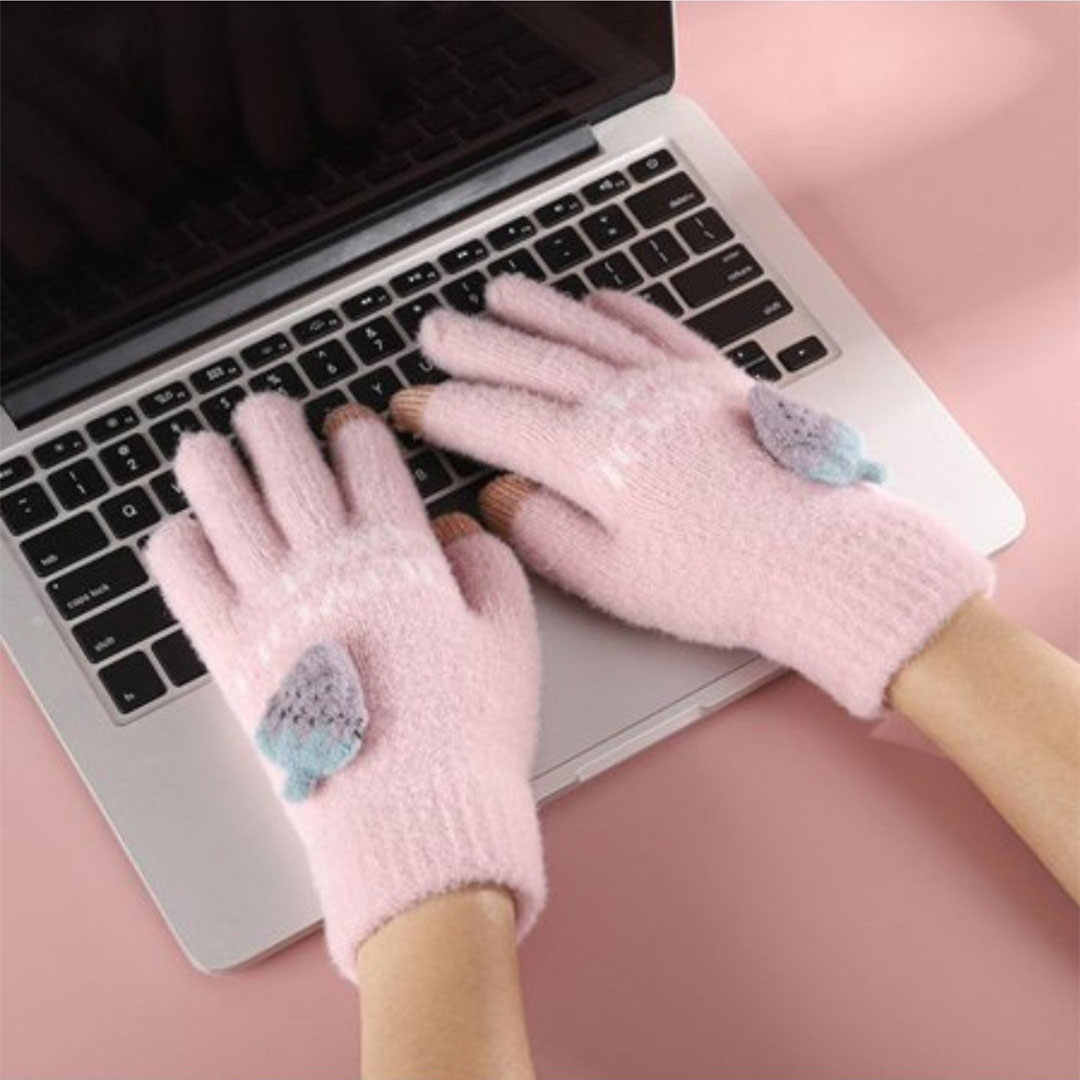 جوانتي حريمي تاتش للموبايل من الصوف - بينك